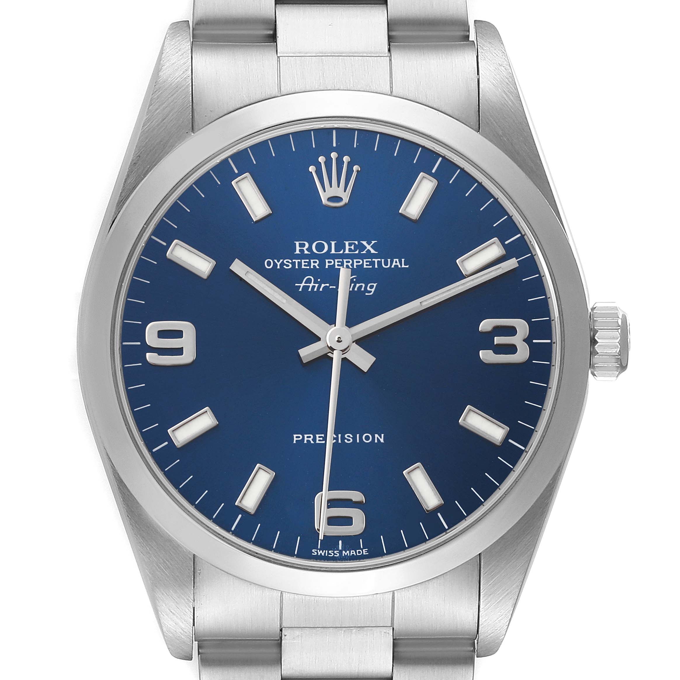This is a front view of the Rolex Air-King 14000 Men's Stainless Steel Blue Dial 14000 Men's Stainless Steel Blue Dial watch, showing the blue dial, hour markers, hands, crown, and stainless steel bracelet.