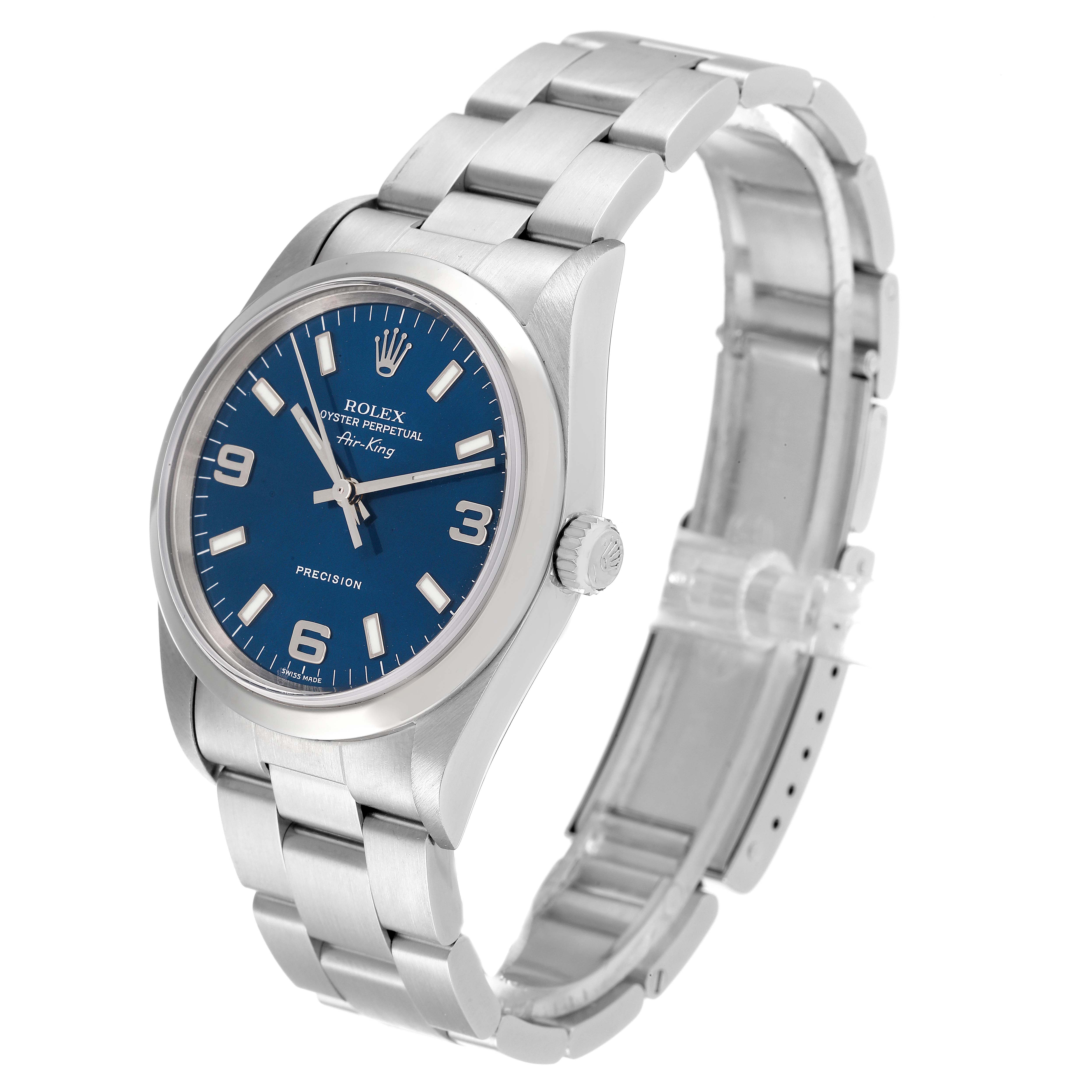 The Rolex Air-King 14000 Men's Stainless Steel Blue Dial 14000 Men's Stainless Steel Blue Dial watch is shown at a three-quarter angle, displaying its blue dial, crown, and metal bracelet.