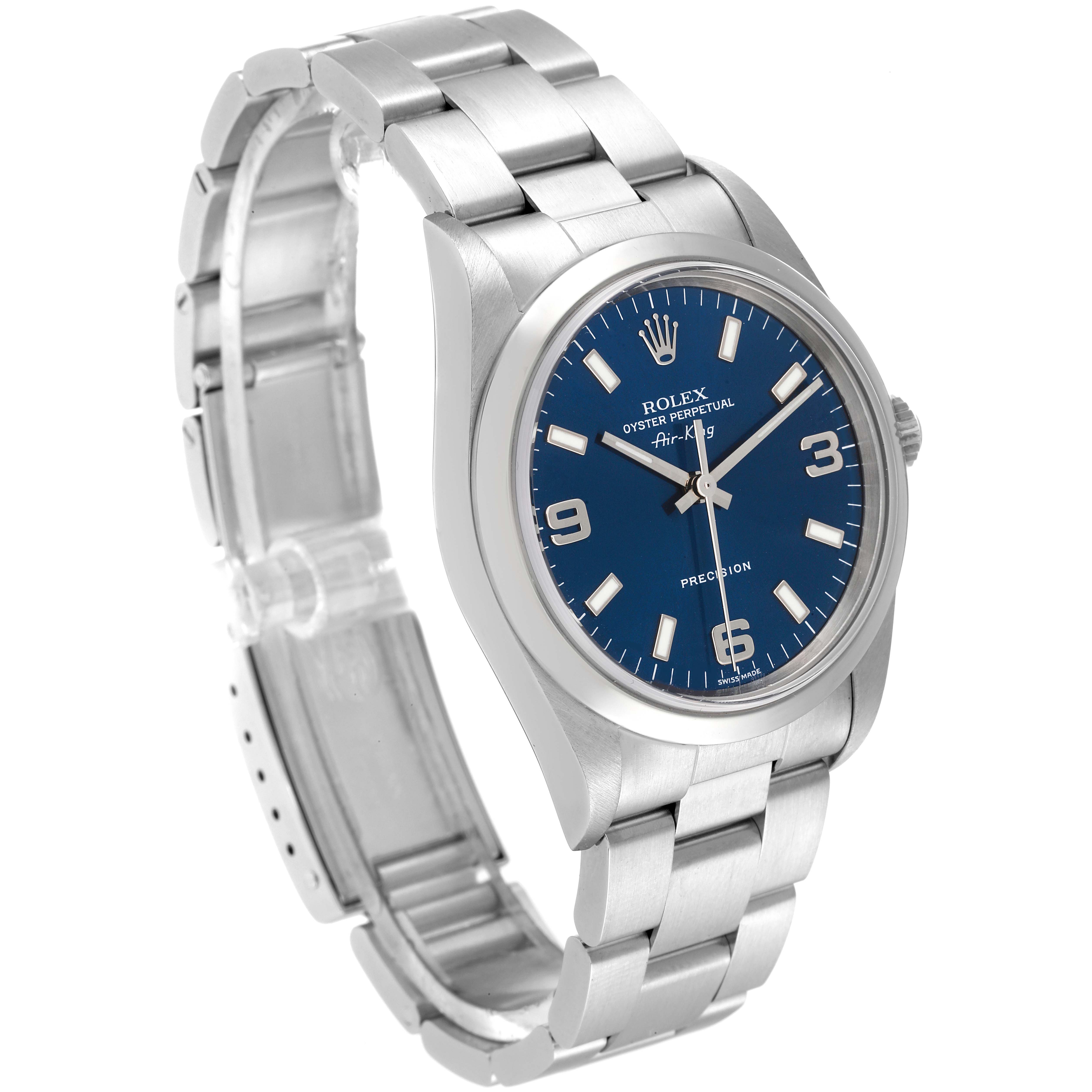 The image shows a Rolex Air-King 14000 Men's Stainless Steel Blue Dial 14000 Men's Stainless Steel Blue Dial watch angled slightly sideways, displaying the watch face, crown, and metallic bracelet.