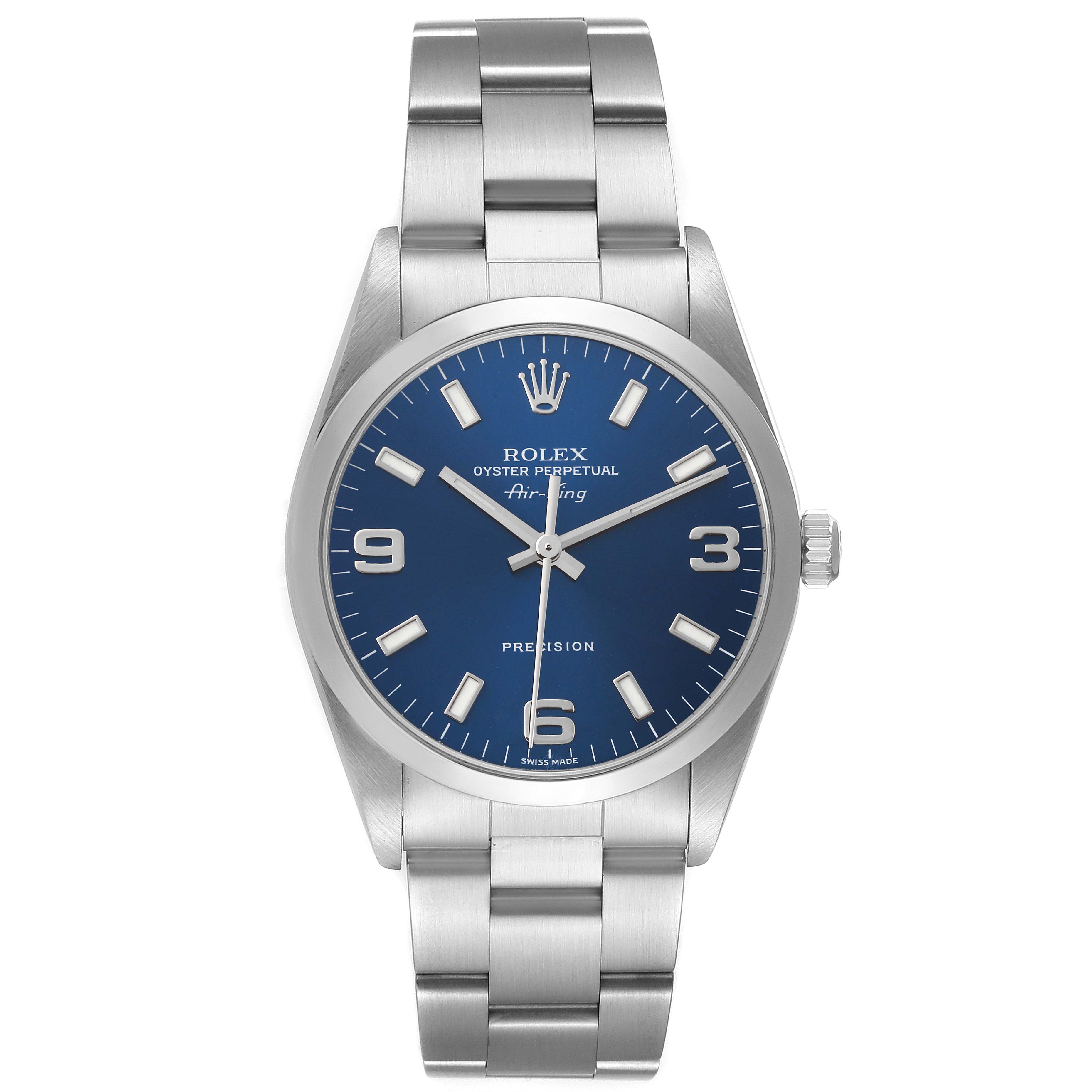 The image shows a front view of the Rolex Air-King 14000 Men's Stainless Steel Blue Dial 14000 Men's Stainless Steel Blue Dial watch, displaying the dial, hands, crown, and bracelet.