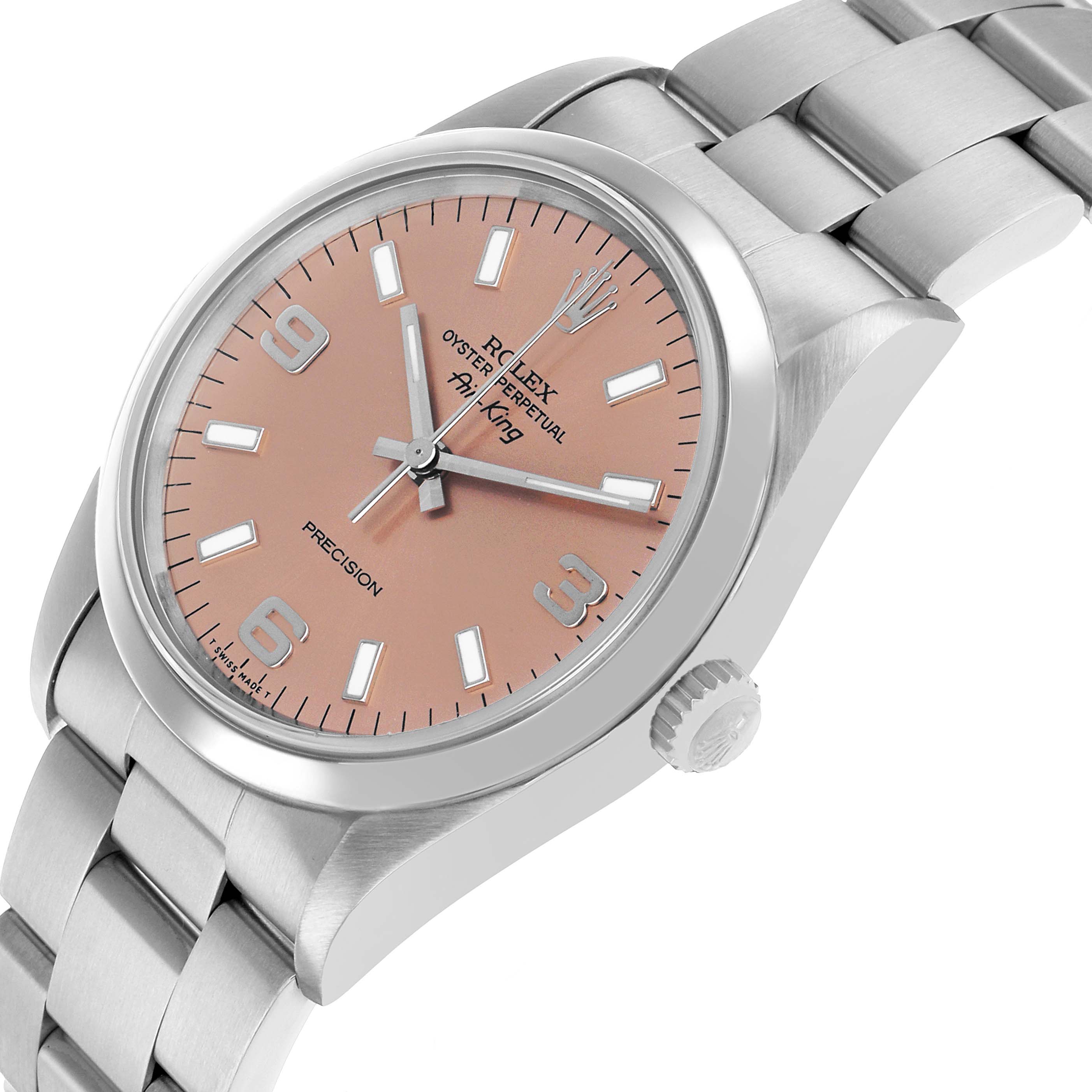 The Rolex Air-King 14000 Men's Stainless Steel Pink Dial watch is shown from a slight side angle, displaying the dial, bezel, crown, and bracelet.