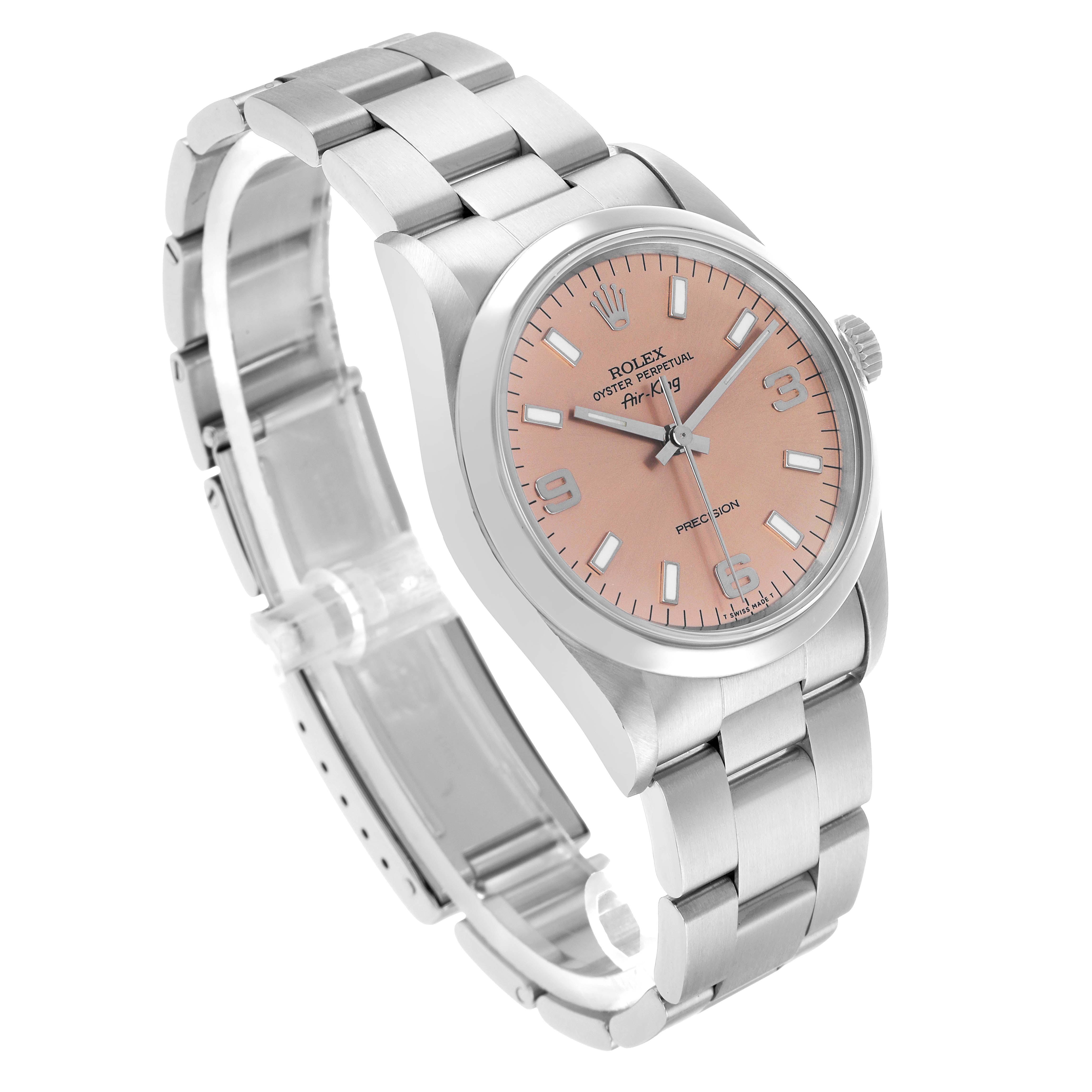 The image shows a Rolex Air-King 14000 Men's Stainless Steel Pink Dial from a three-quarter angle, highlighting the dial, case, and part of the bracelet.