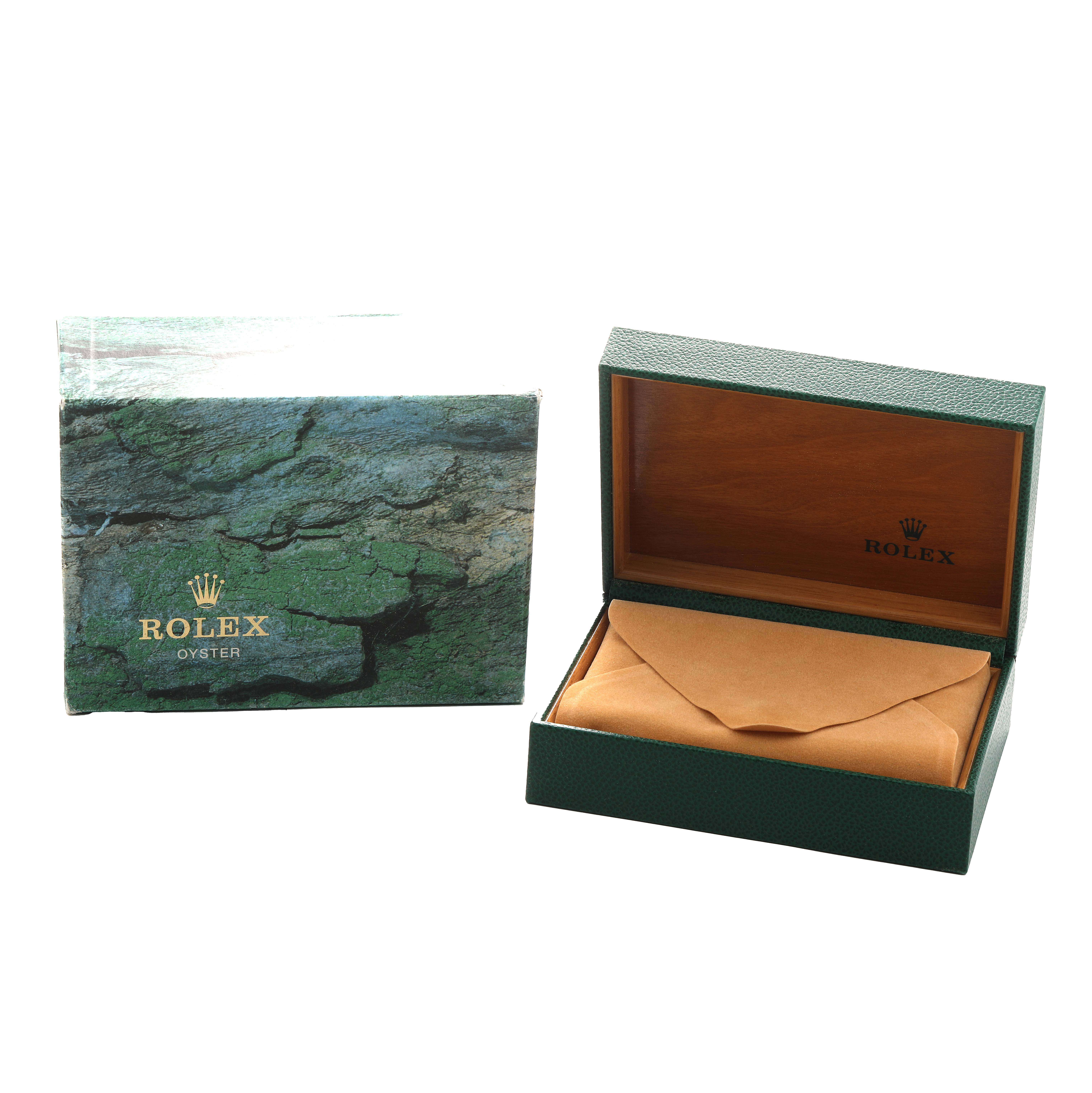 The image shows a Rolex Air-King 14000 Men's Stainless Steel Pink Dial box, including a green outer case and an open inner box with a cushion.