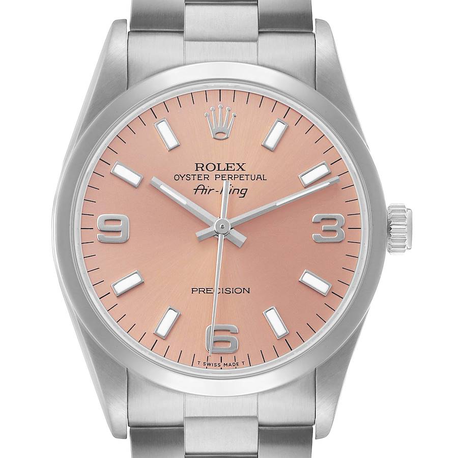 The Rolex Air-King 14000 Men's Stainless Steel Pink Dial watch is shown from a front angle, displaying its face, hour markers, crown, and part of the bracelet.