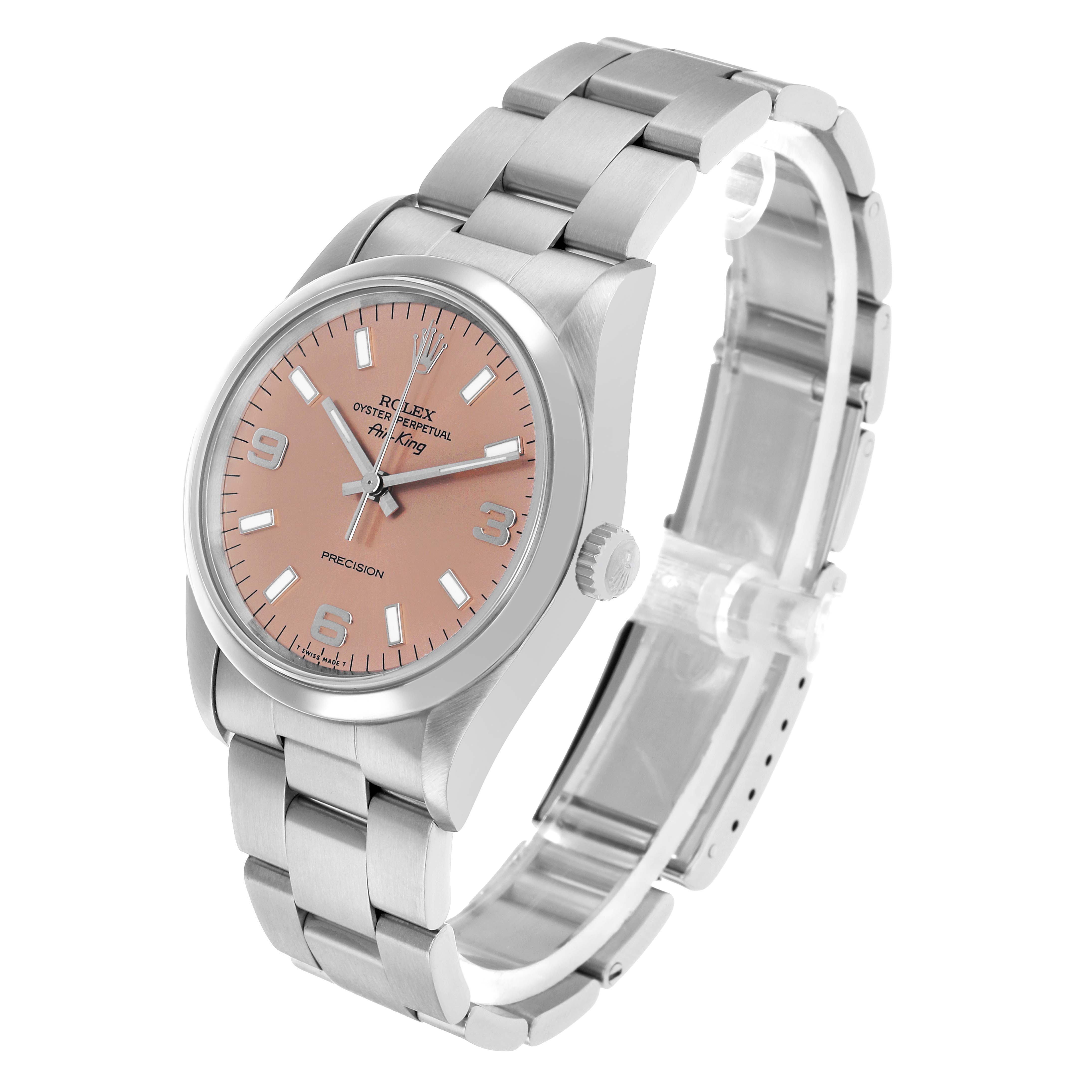The Rolex Air-King 14000 Men's Stainless Steel Pink Dial is shown at a three-quarter angle, highlighting the dial, bezel, bracelet, and crown.