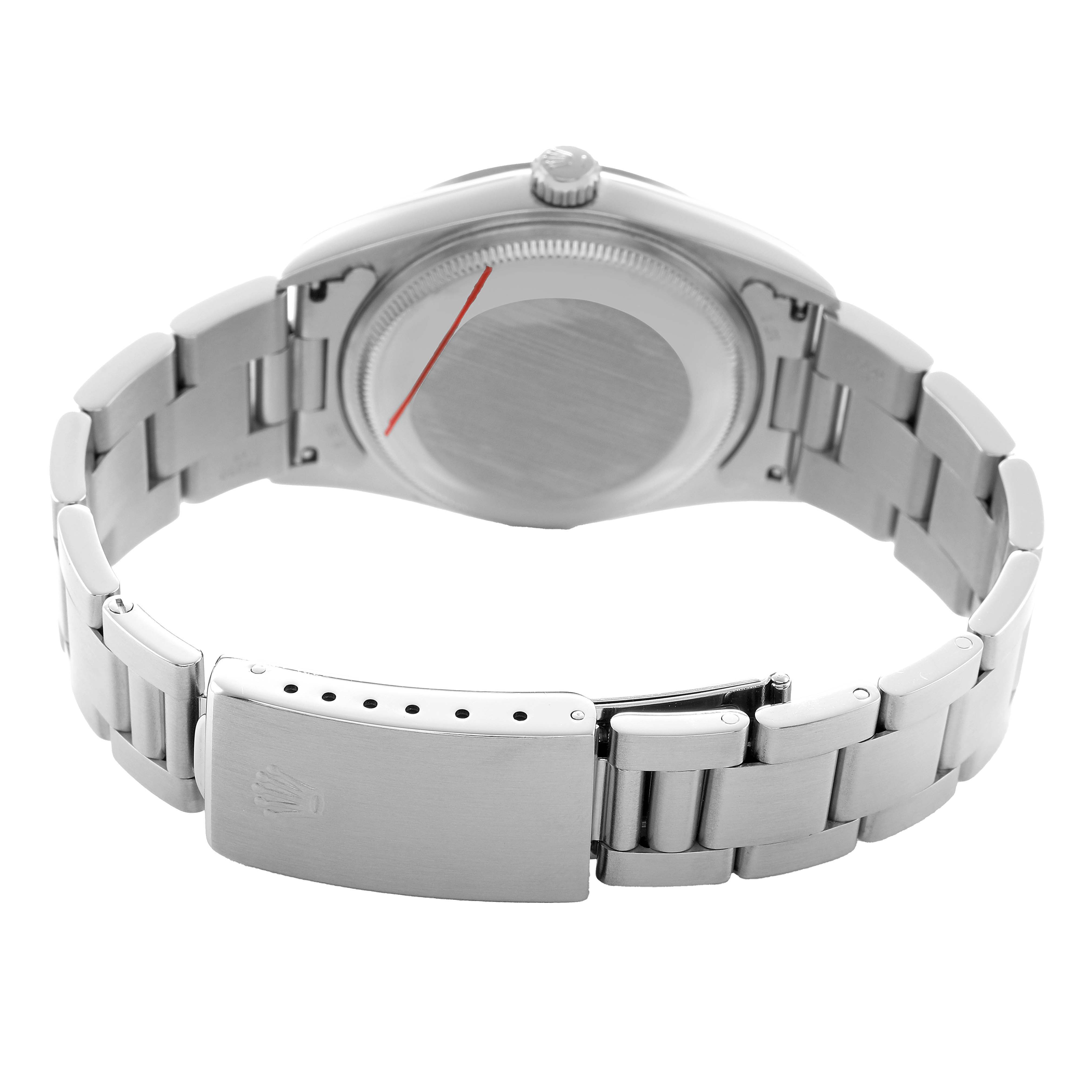 The Rolex Air-King 14000 Men's Stainless Steel Pink Dial watch is shown from the back, highlighting the case back, bracelet, and clasp.