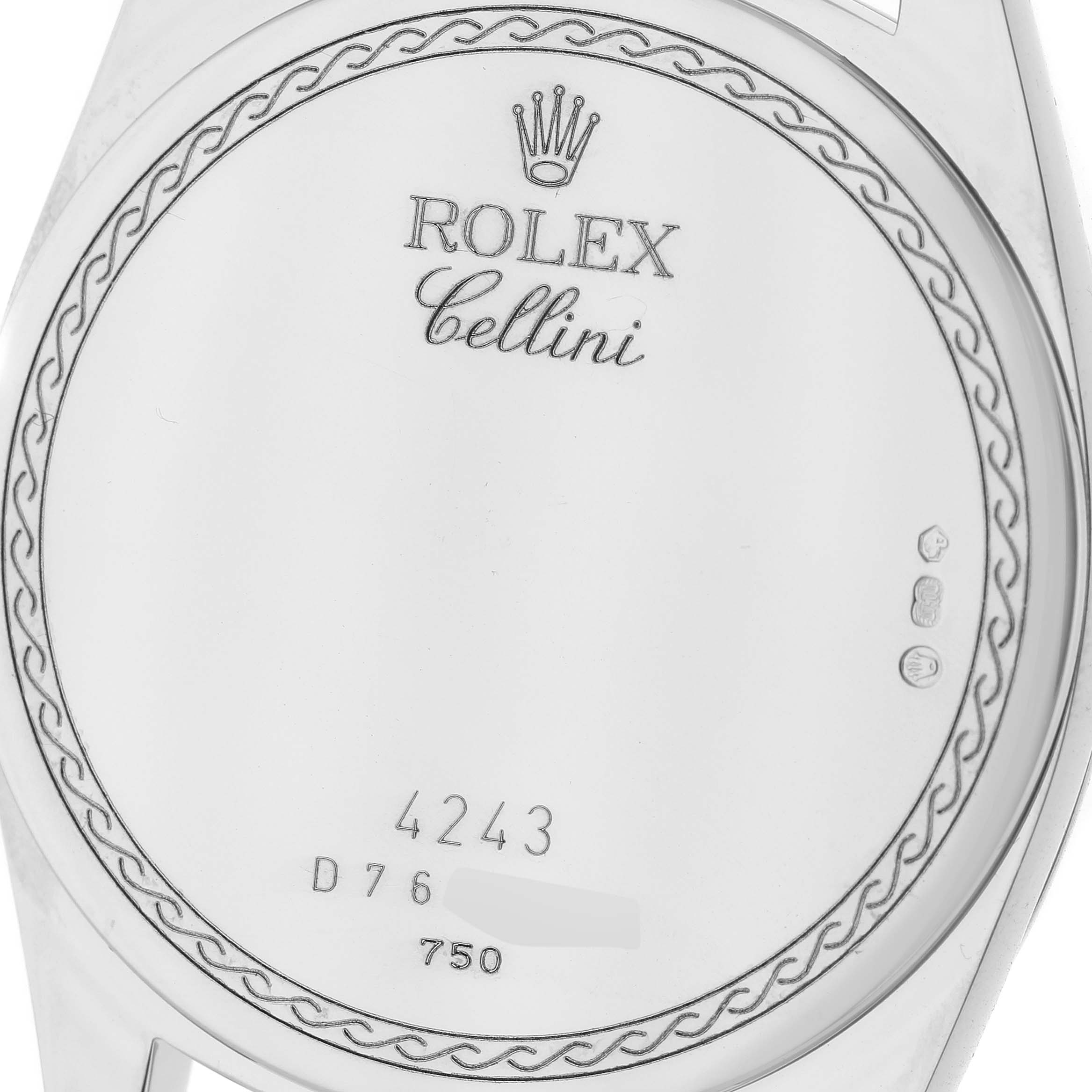 This is the back case of a Rolex Cellini 4243/9 Men
s White Gold Silver Dial 4243/9 Men
s White Gold Silver Dial watch, displaying model, branding, and some hallmark details.