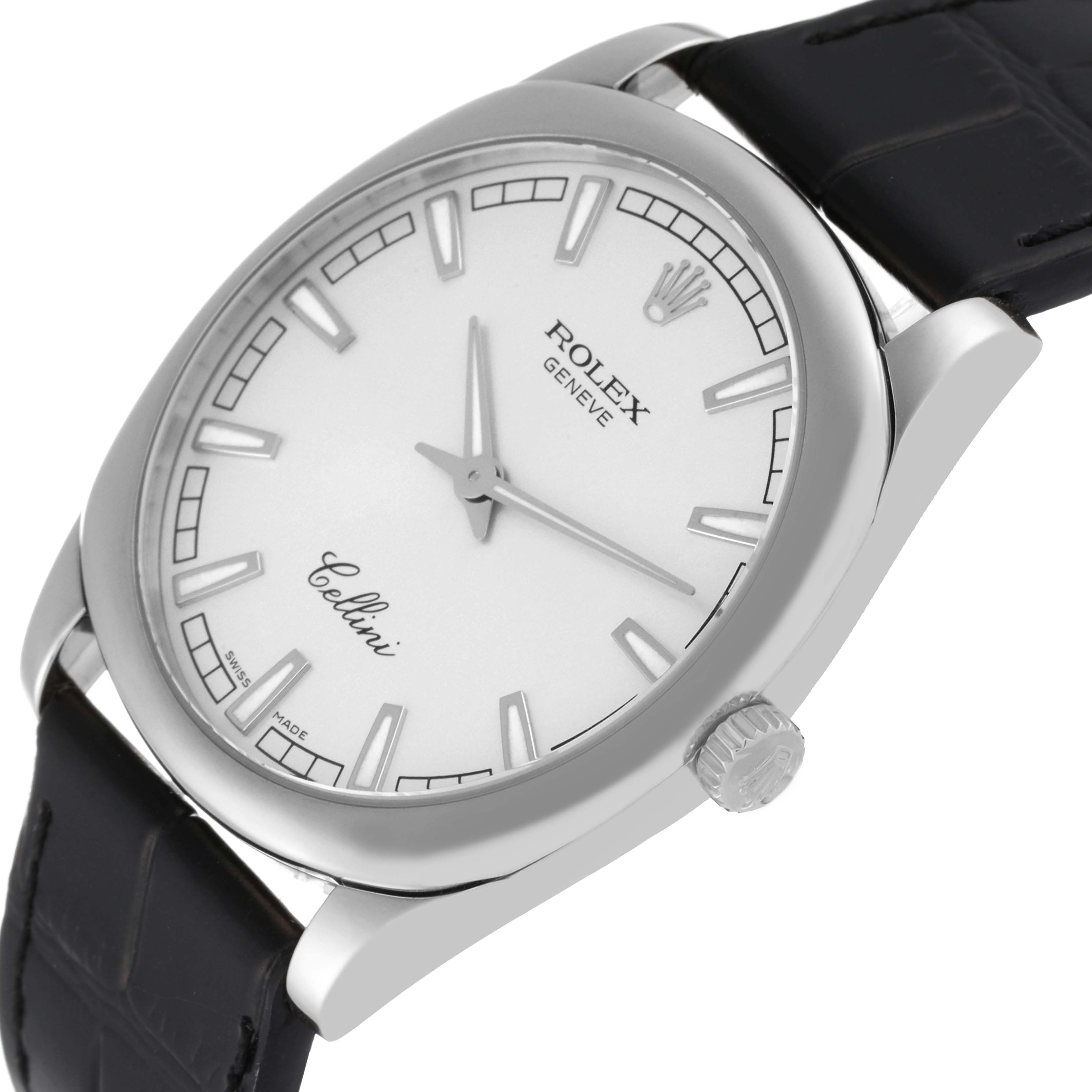 This image shows a side angle view of a Rolex Cellini 4243/9 Men
s White Gold Silver Dial 4243/9 Men
s White Gold Silver Dial watch, highlighting the face, hands, case, crown, and part of the strap.