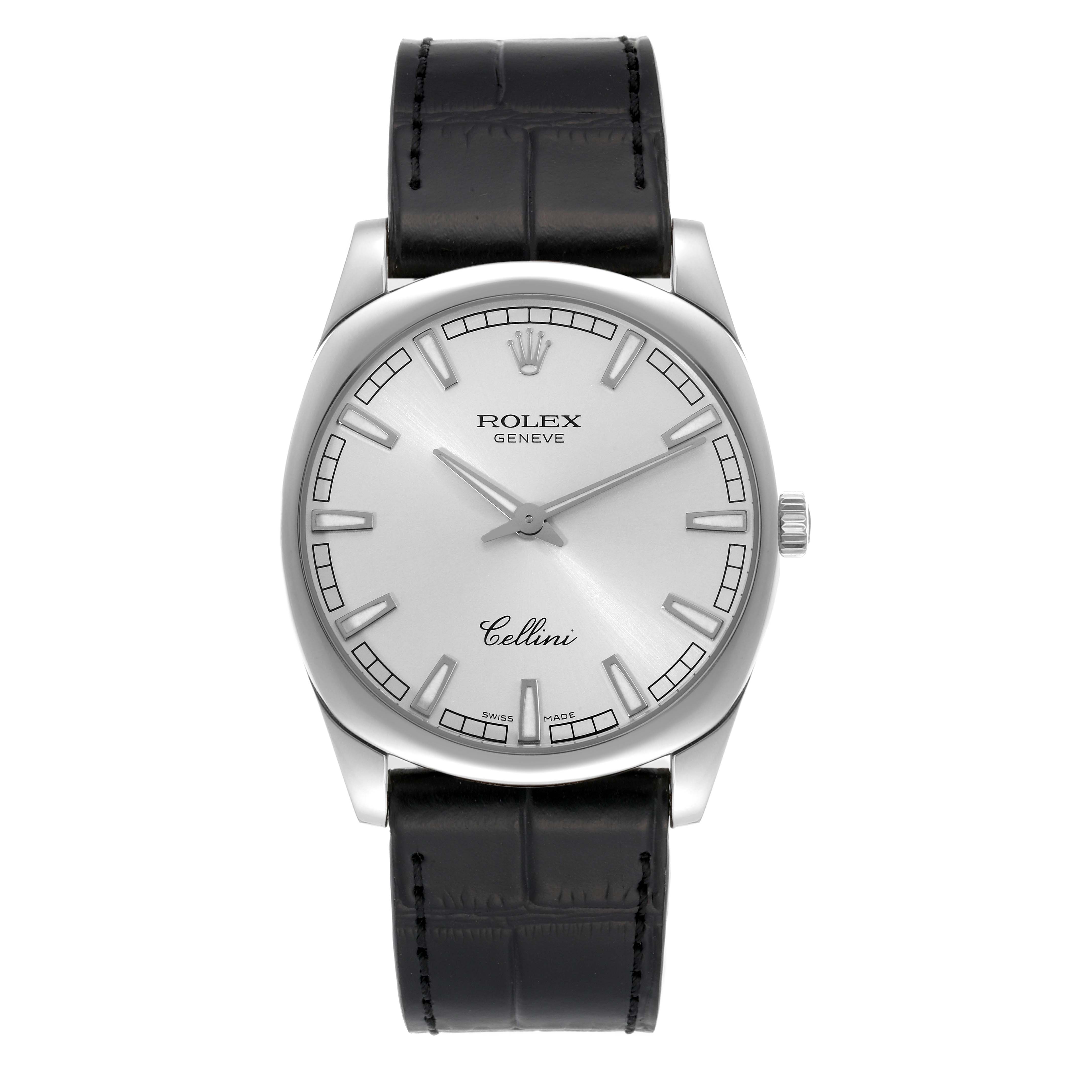 The image shows a frontal view of a Rolex Cellini 4243/9 Men
s White Gold Silver Dial 4243/9 Men
s White Gold Silver Dial watch with a black leather strap and silver dial.