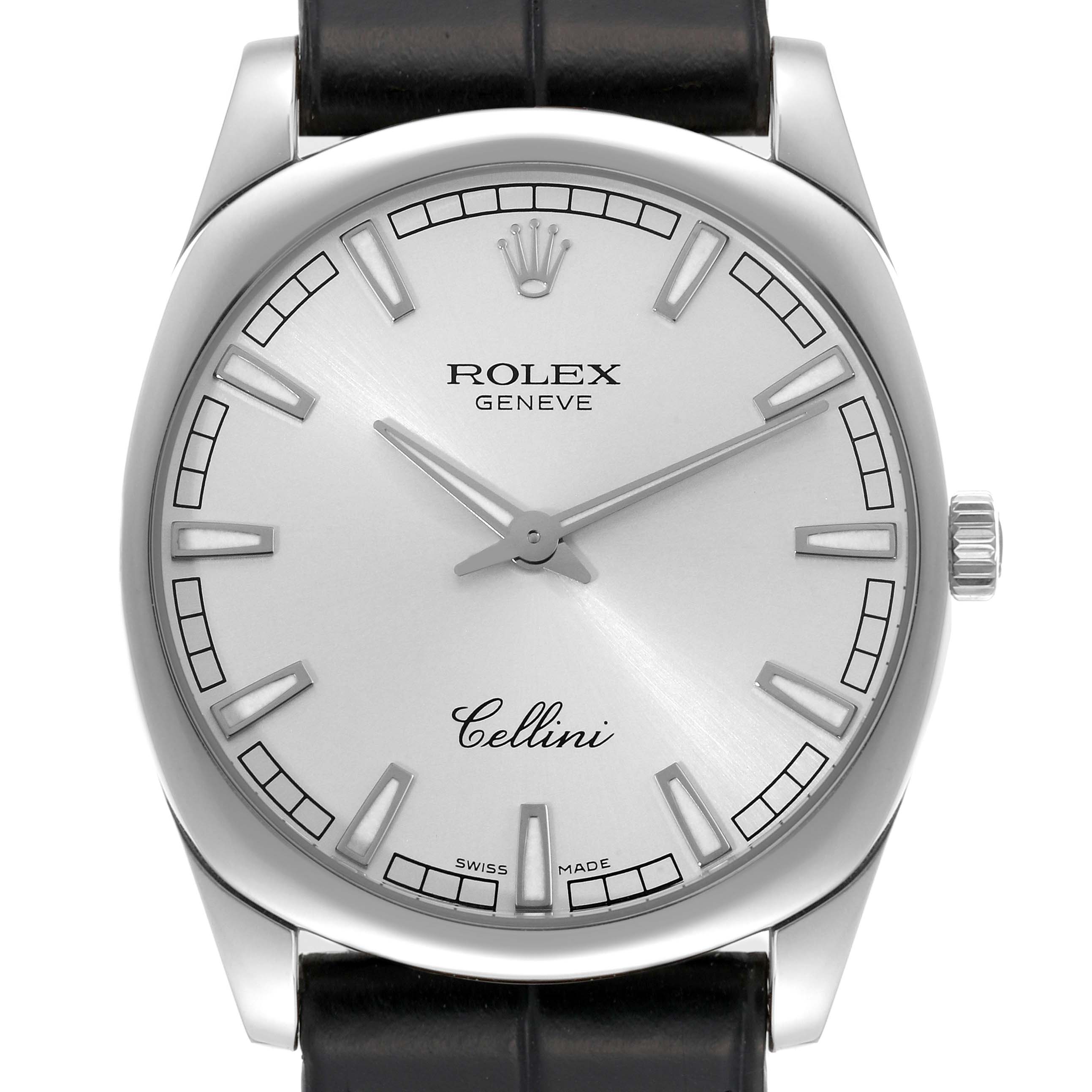 This image shows a frontal view of a Rolex Cellini 4243/9 Men
s White Gold Silver Dial 4243/9 Men
s White Gold Silver Dial watch, displaying the dial, hour markers, hands, crown, and leather strap.