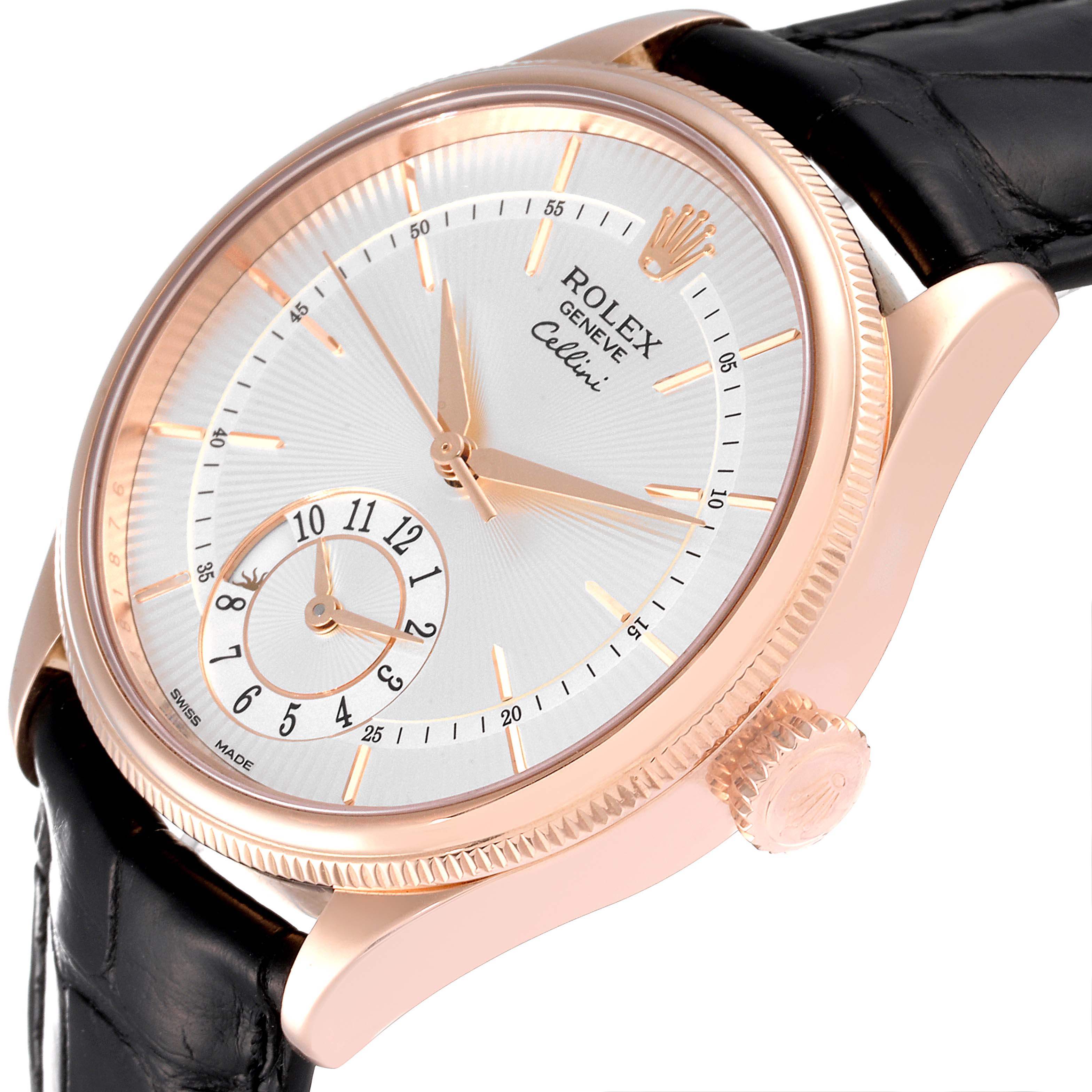 The image shows a close-up, angled view of the Rolex Cellini 50525 Men's Rose Gold Silver Dial 50525 Men's Rose Gold Silver Dial watch, highlighting the dial, case, crown, and strap.