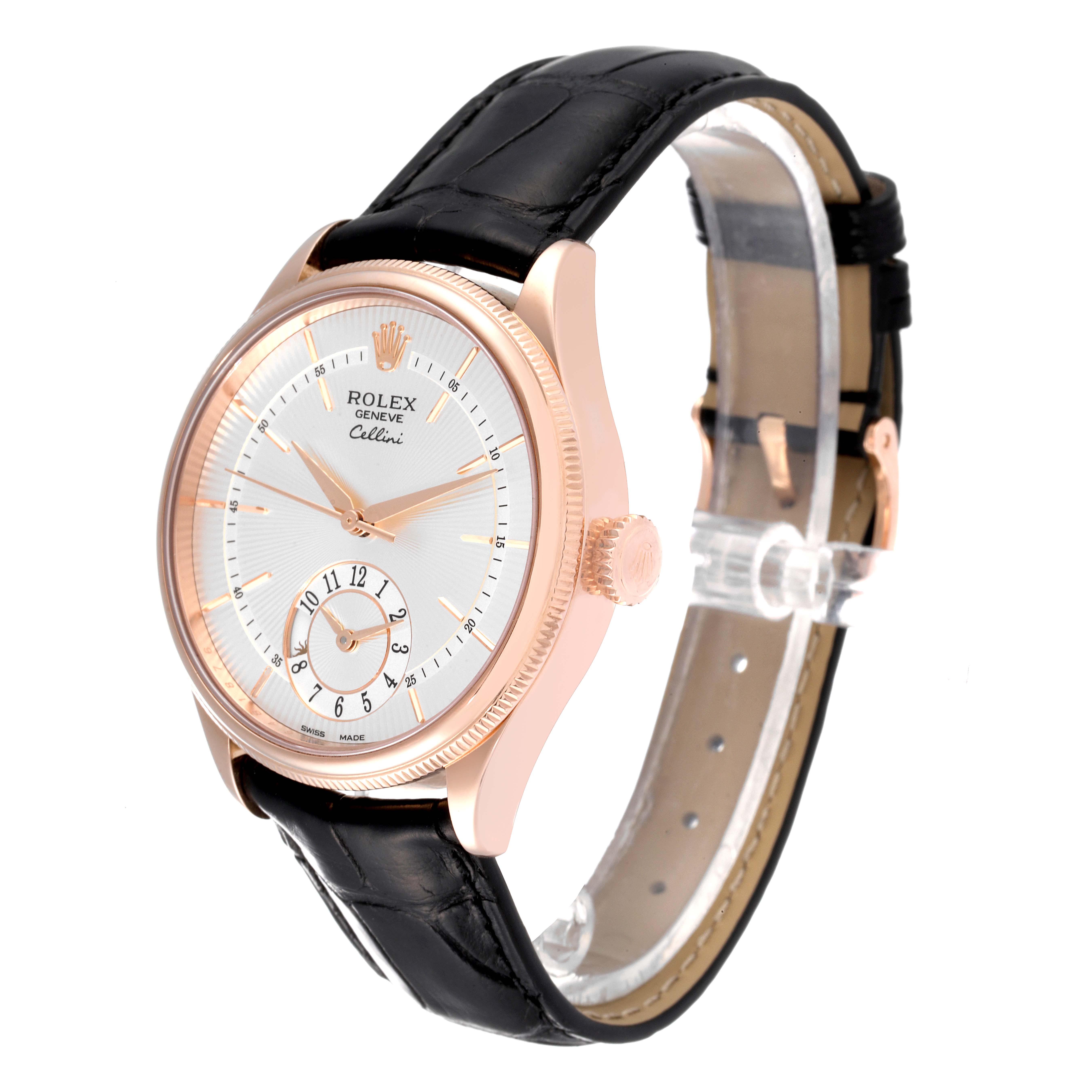 The Rolex Cellini 50525 Men's Rose Gold Silver Dial 50525 Men's Rose Gold Silver Dial watch is shown at a slight side angle, displaying its face, crown, and black leather strap.