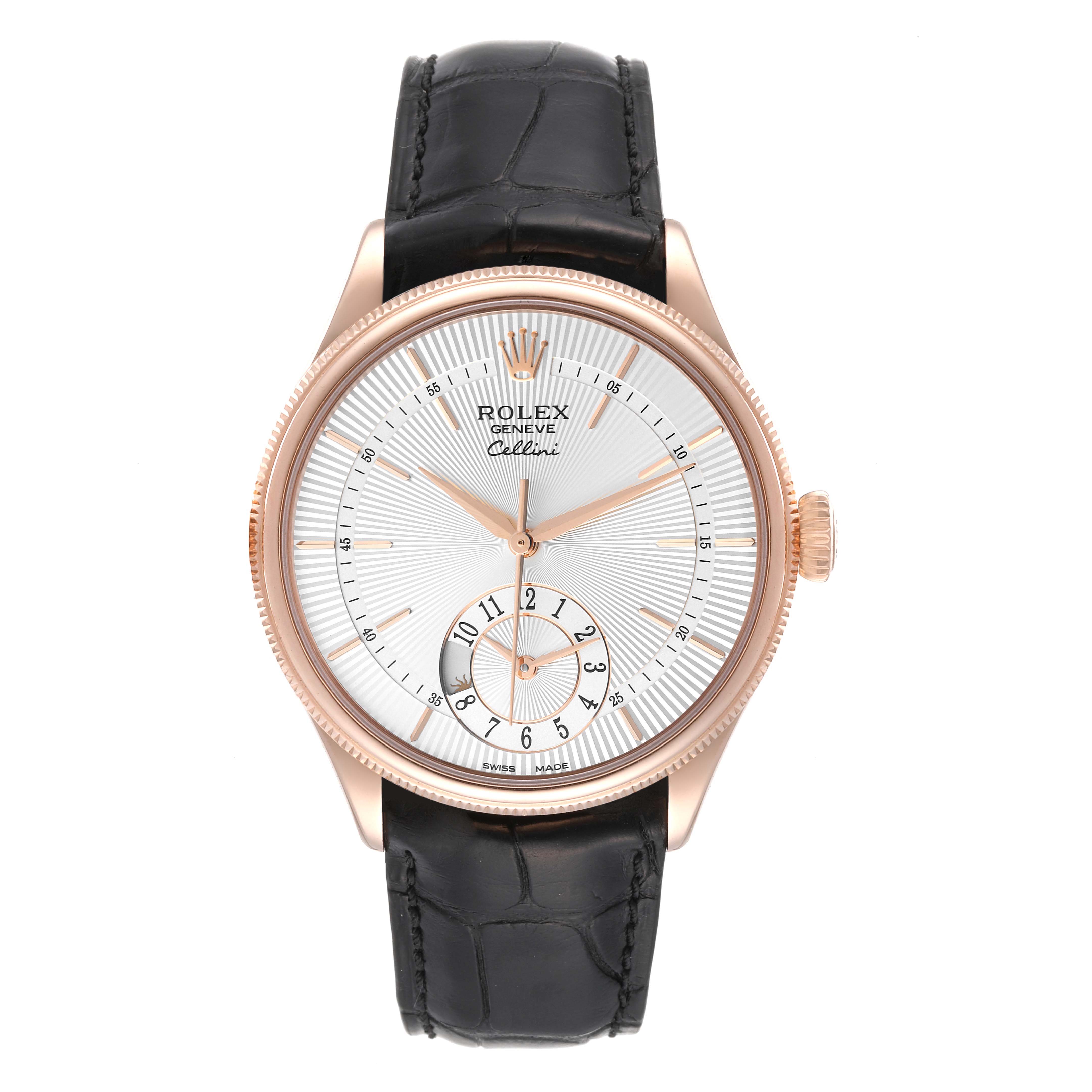 The image shows a front view of the Rolex Cellini 50525 Men's Rose Gold Silver Dial 50525 Men's Rose Gold Silver Dial watch, highlighting the dial, hands, crown, case, and leather strap.