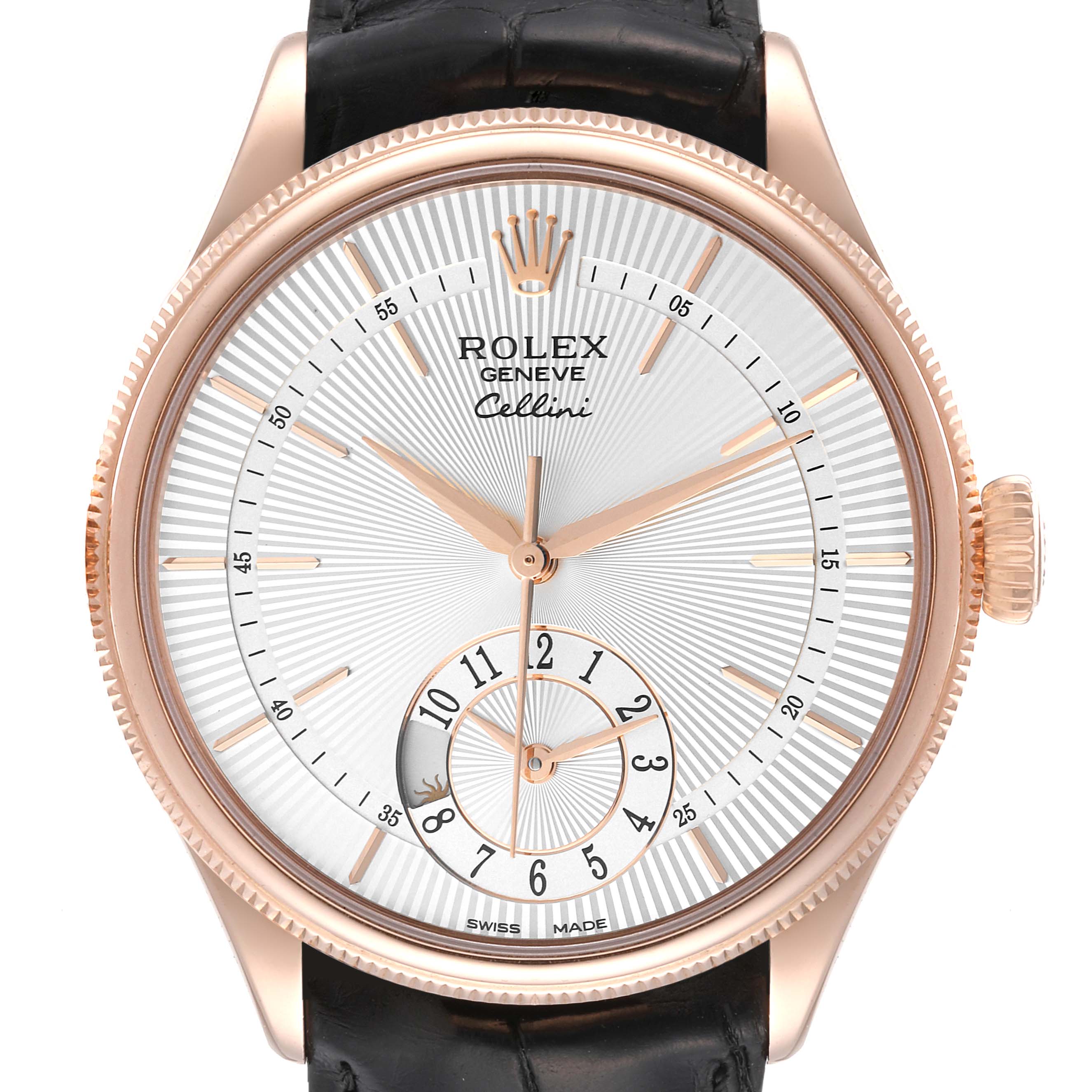 The image shows a frontal view of the Rolex Cellini 50525 Men's Rose Gold Silver Dial 50525 Men's Rose Gold Silver Dial watch, highlighting the dial, crown, and part of the black strap.