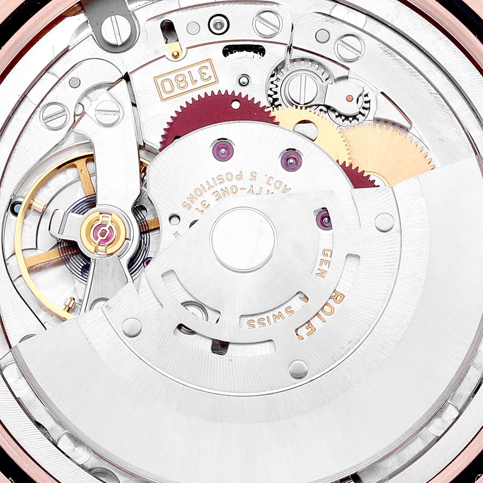 The image shows a close-up view of the internal mechanism of a Rolex Cellini 50525 Men's Rose Gold Silver Dial 50525 Men's Rose Gold Silver Dial watch, highlighting its gears and components.