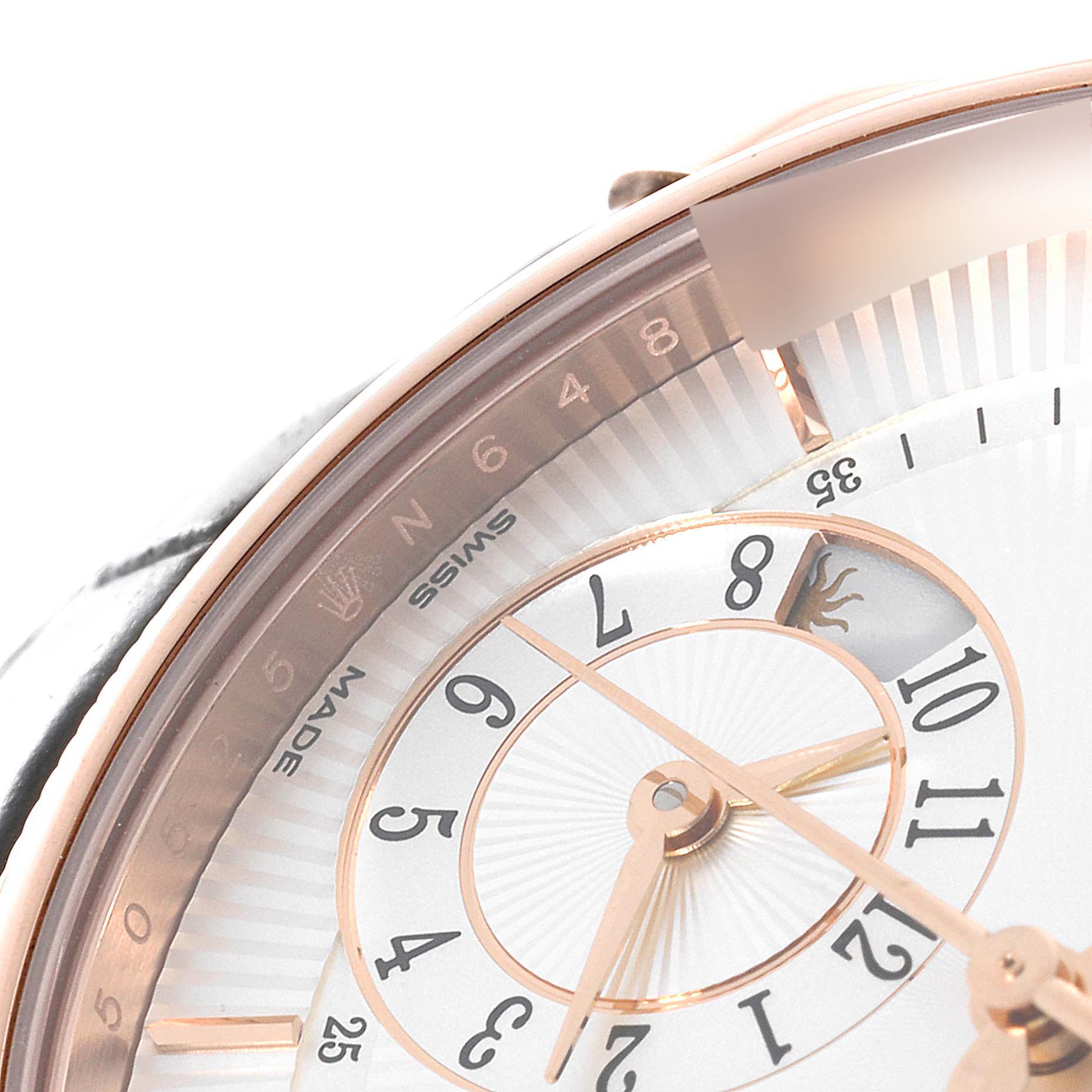 This image shows a close-up of the dial and bezel of a Rolex Cellini 50525 Men's Rose Gold Silver Dial 50525 Men's Rose Gold Silver Dial watch, highlighting the numerals and Swiss Made mark.