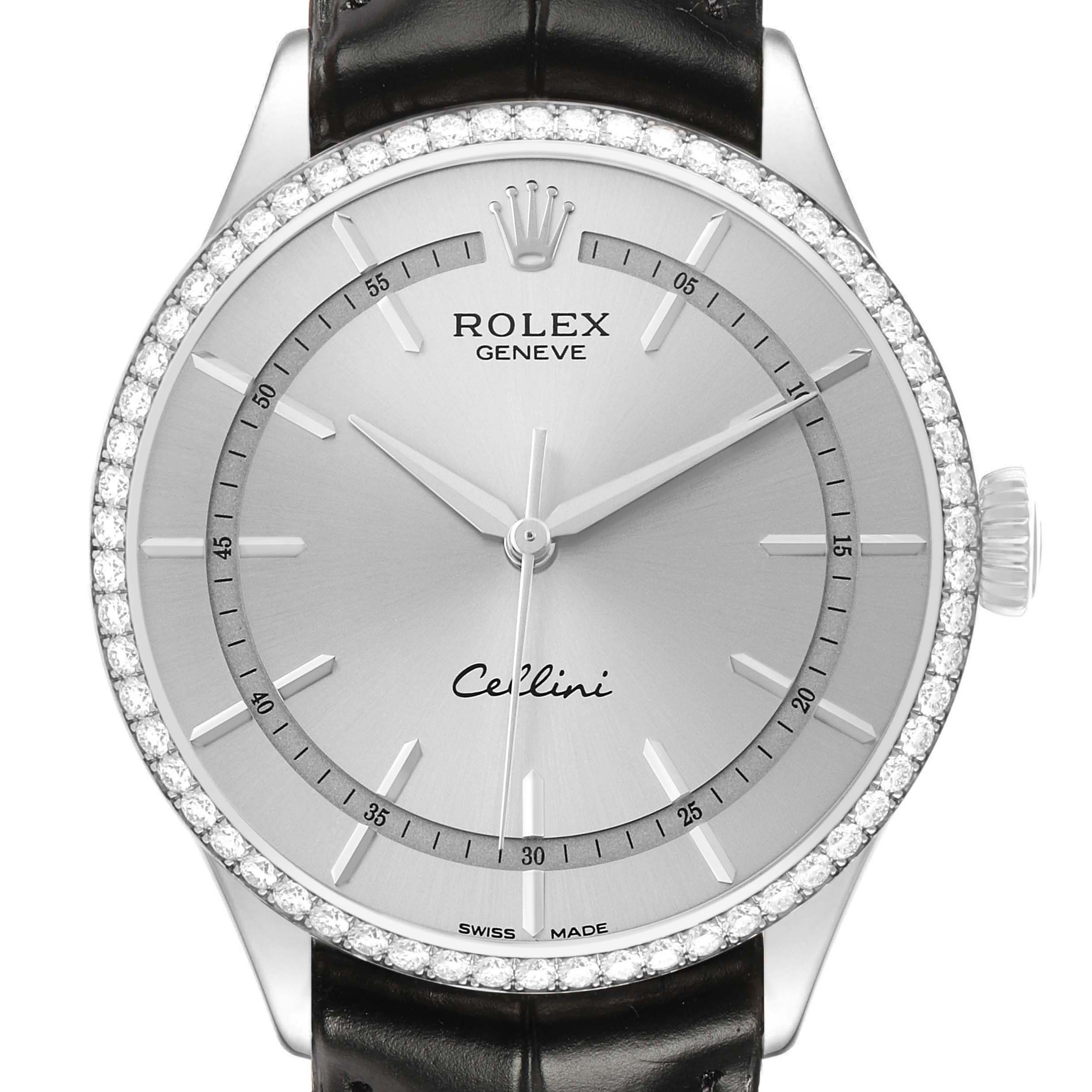 The Rolex Cellini 50709 Men's White Gold Silver Dial watch is shown from a front angle, highlighting the dial, crown, and leather strap.