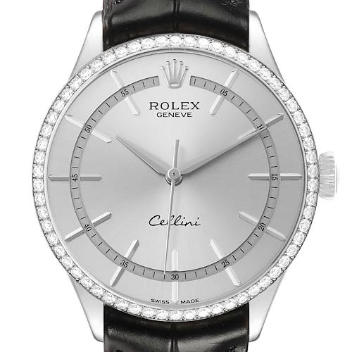 The Rolex Cellini 50709 Men's White Gold Silver Dial watch is shown from the front, highlighting its dial, bezel, crown, and strap.