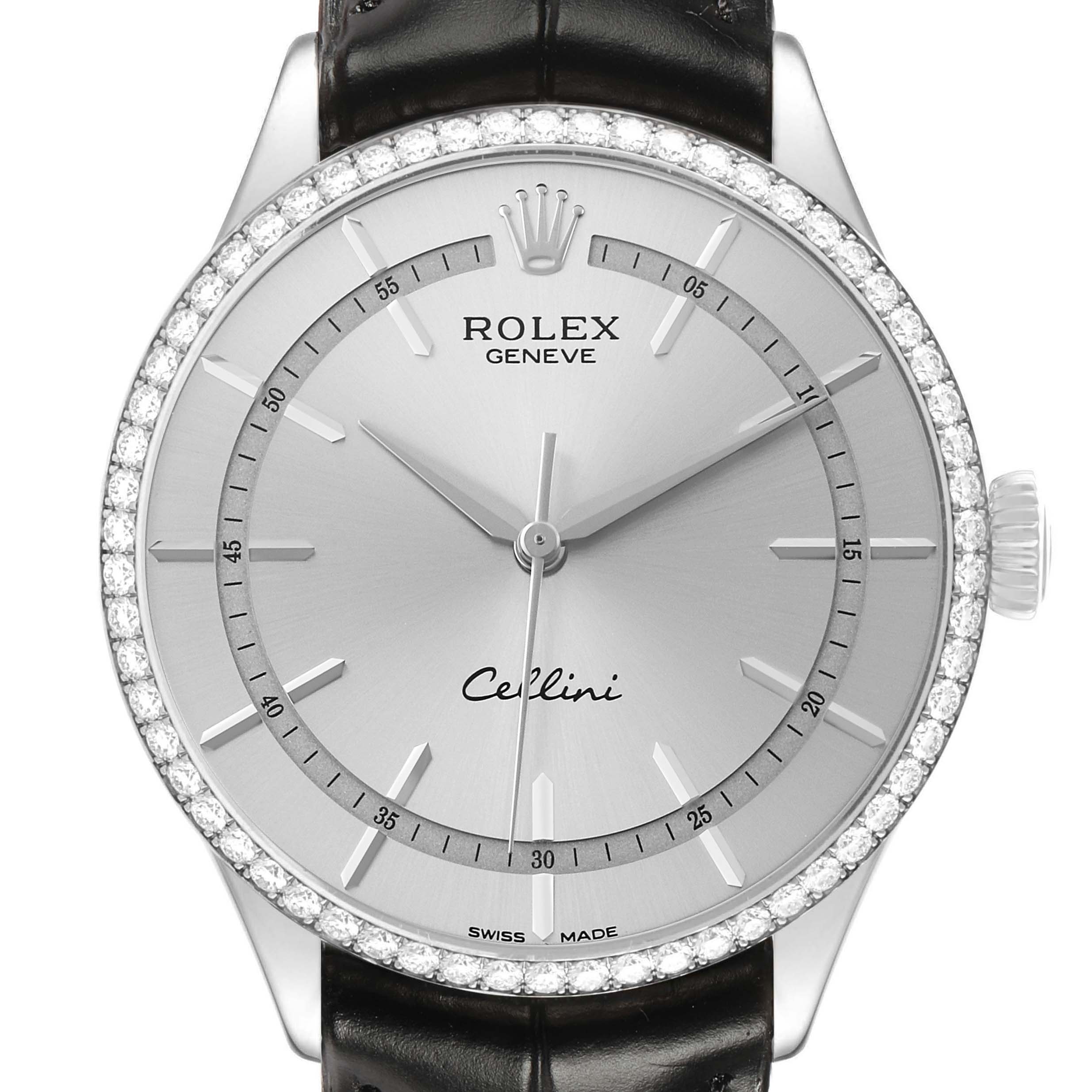 The Rolex Cellini 50709 Men's White Gold Silver Dial watch is shown from a front angle, highlighting the dial, bezel, crown, and part of the leather strap.