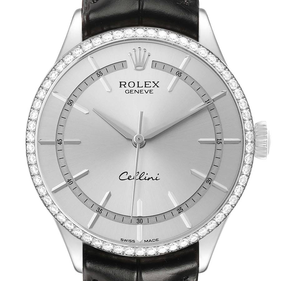 The Rolex Cellini 50709 Men's White Gold Silver Dial watch is shown from a front angle, highlighting the dial, bezel, crown, and part of the leather strap.