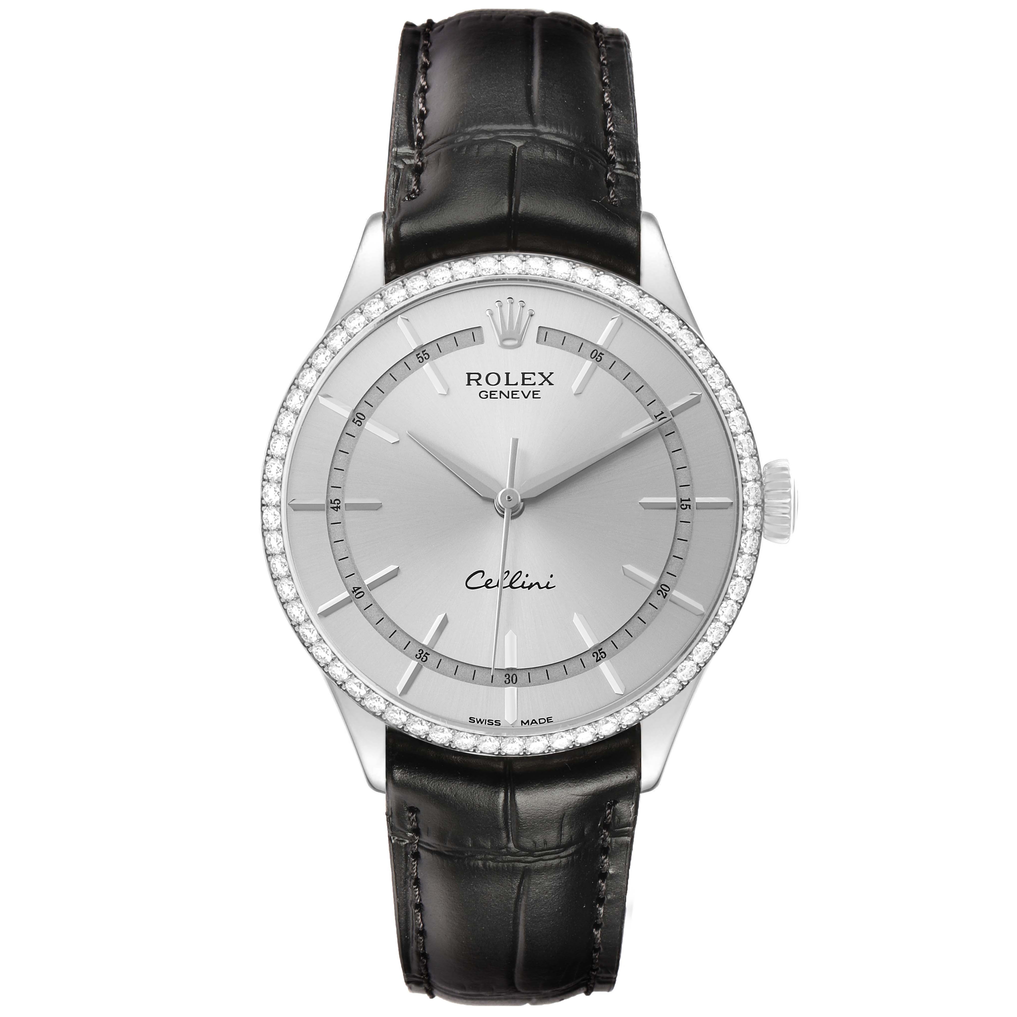 The Rolex Cellini 50709 Men's White Gold Silver Dial watch is shown from a front angle, displaying the dial, bezel, crown, and black leather strap.