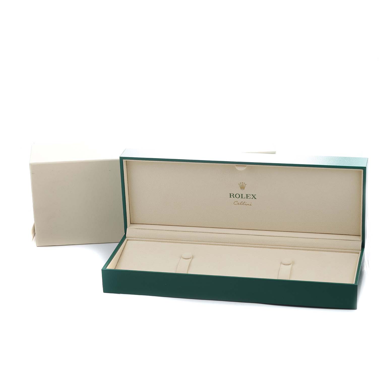 The image shows an open Rolex Cellini 50709 Men's White Gold Silver Dial box, displayed from a front angle with the interior visible.