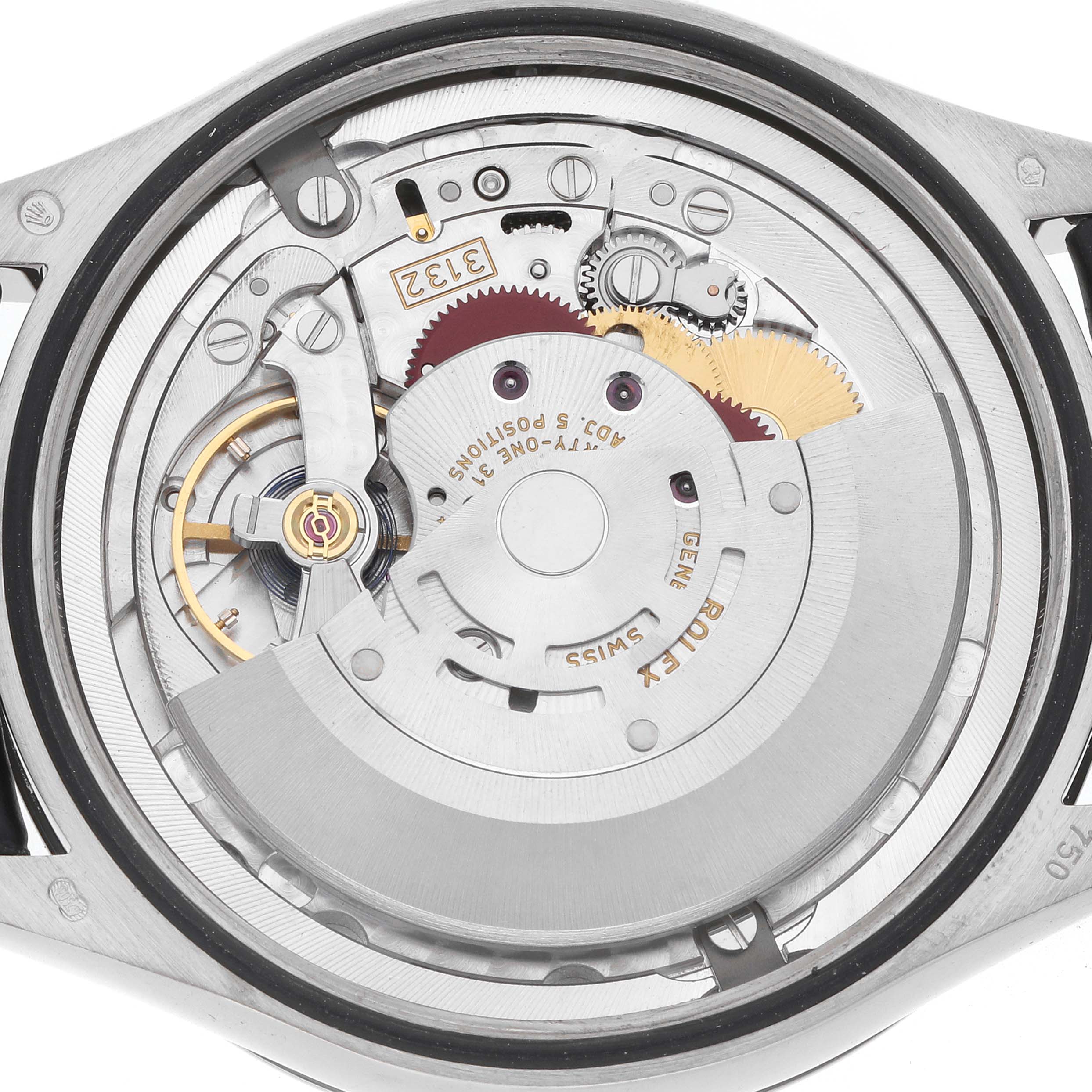 The image shows the back view of a Rolex Cellini 50709 Men's White Gold Silver Dial, highlighting its movement and mechanical components.