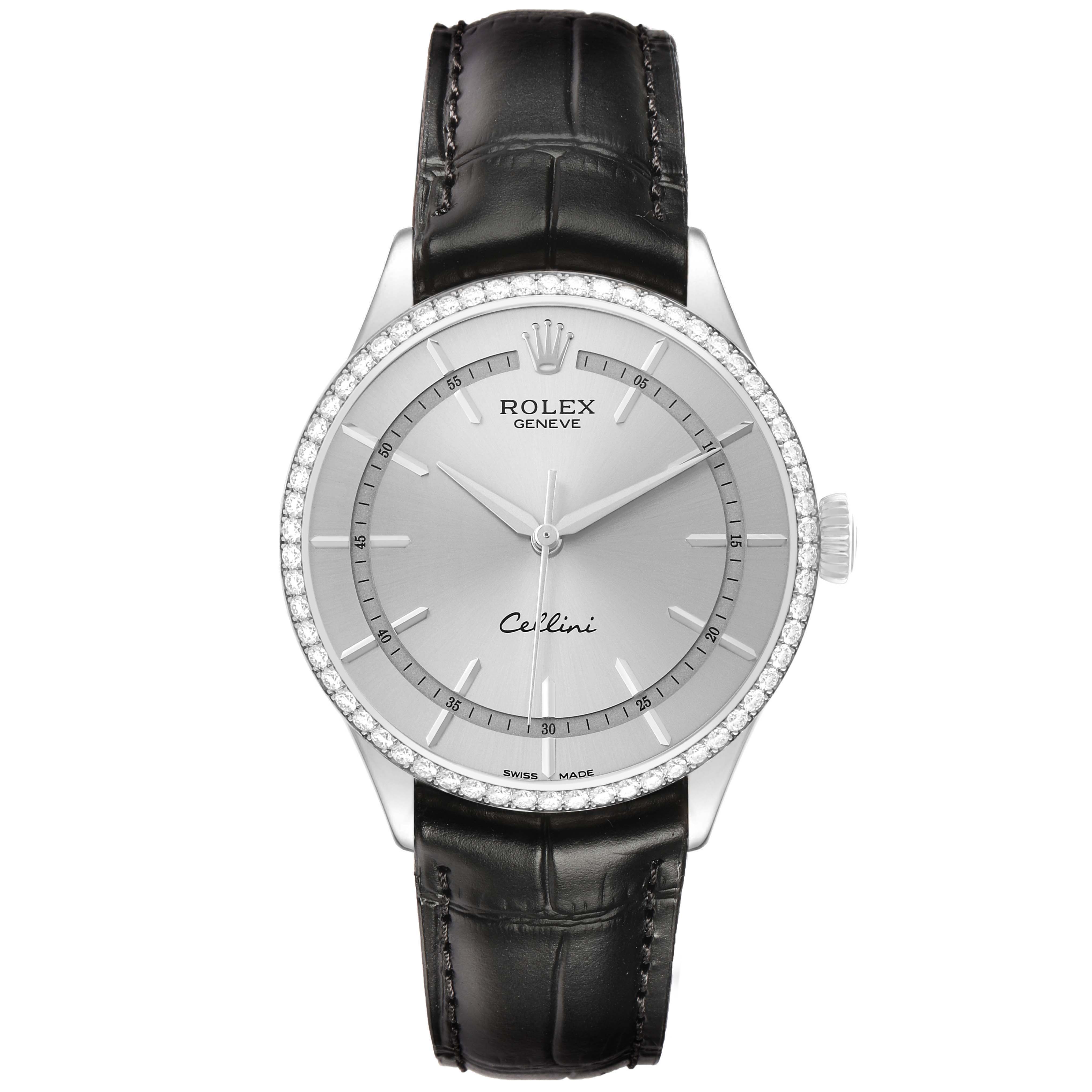 The Rolex Cellini 50709 Men's White Gold Silver Dial watch is shown from the front, featuring the dial, bezel, hands, and leather strap.