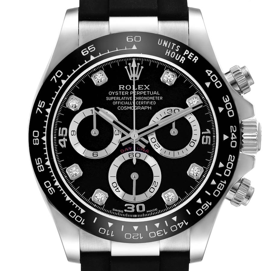 The image shows a front view of a Rolex Daytona, highlighting its black dial, subdials, and tachymetric scale on the bezel.