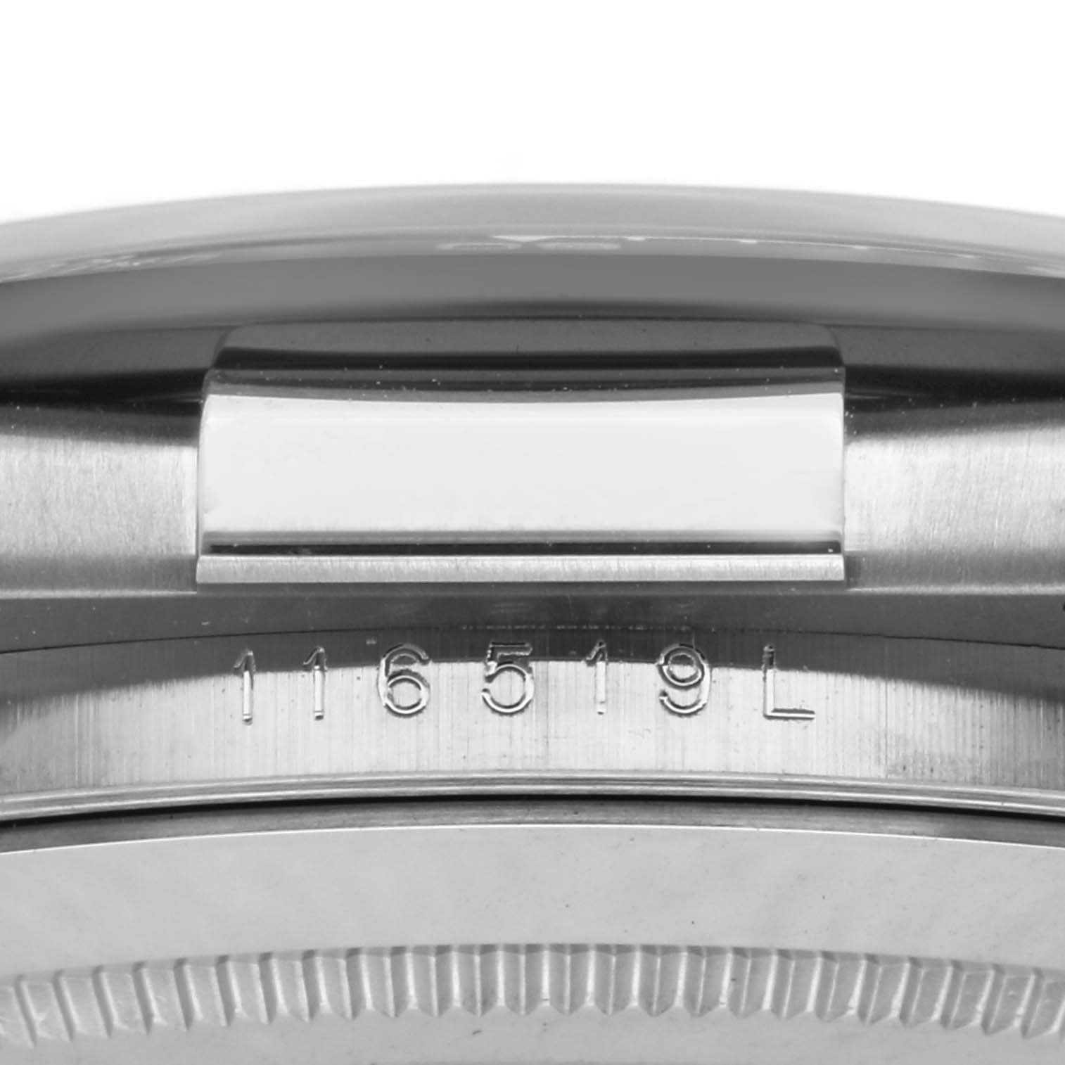 The image shows the side view of a Rolex Daytona 116519 Men's White Gold Black Dial 116519 Men's White Gold Black Dial model, highlighting the serial number on the case.