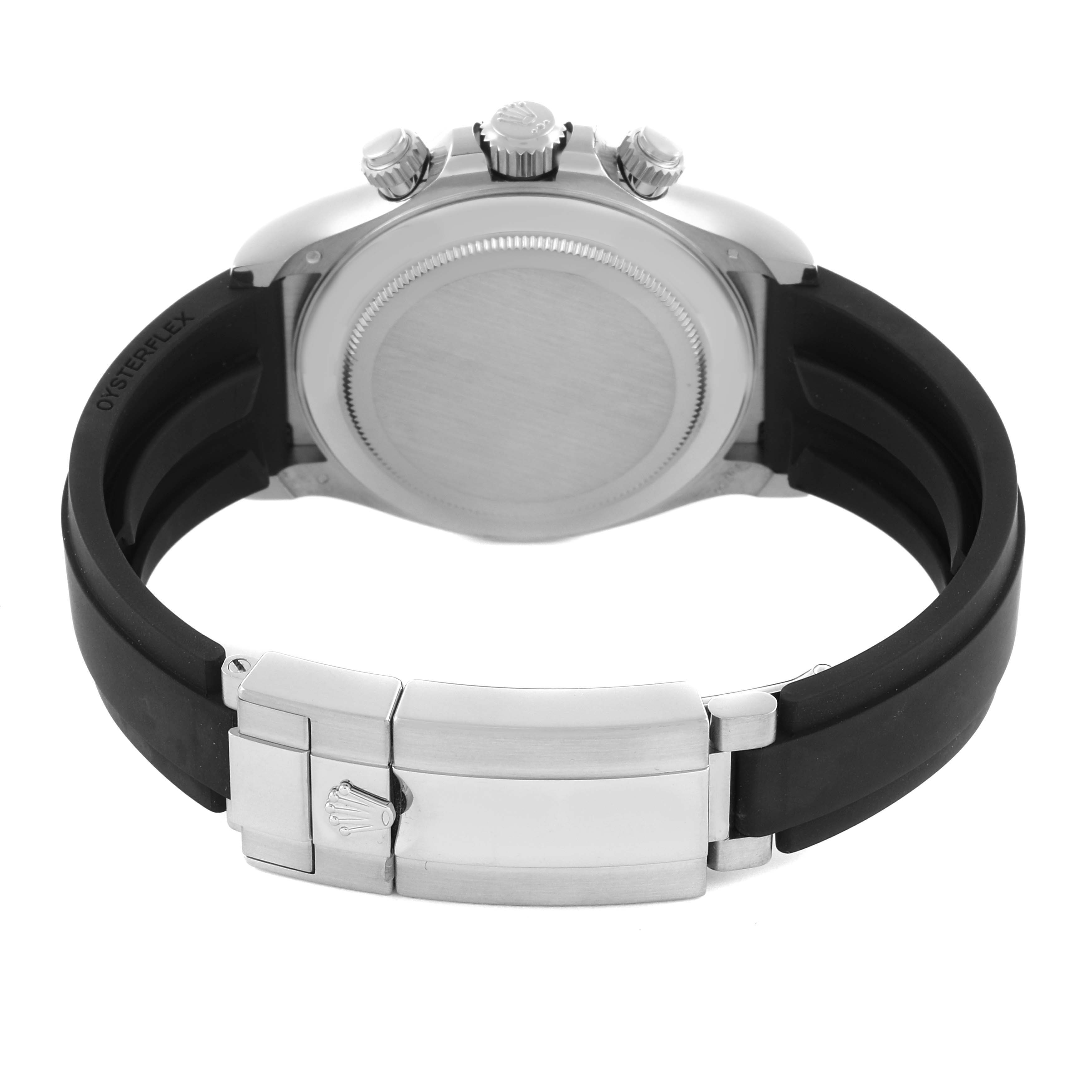 The image shows the back case and clasp of a Rolex Daytona 116519 Men's White Gold Black Dial 116519 Men's White Gold Black Dial watch, highlighting the Oysterflex strap.