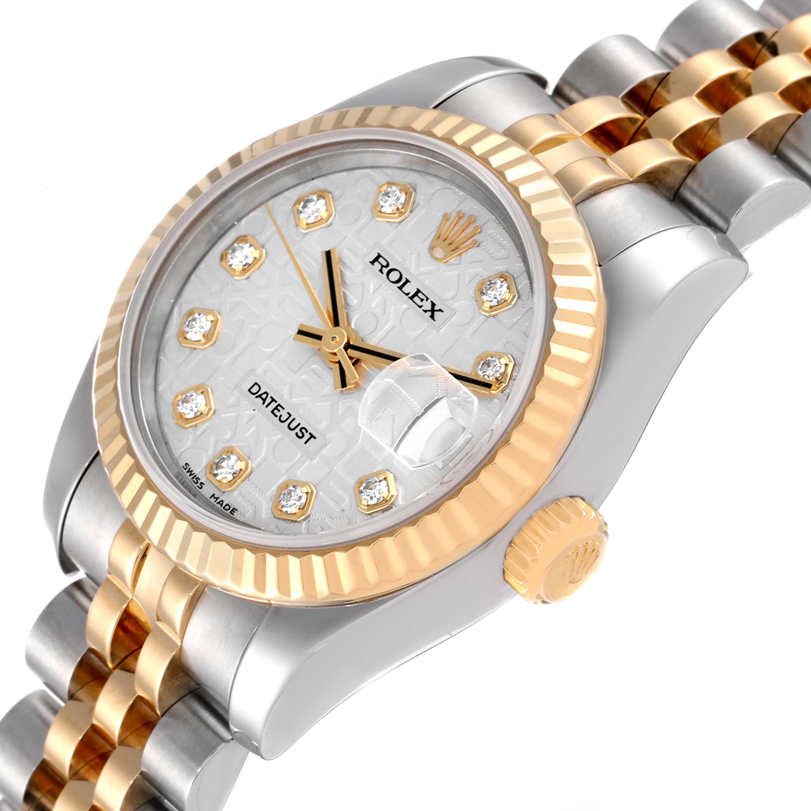 This image showcases a Rolex Datejust 179173 Women's Steel and Gold (two tone) Silver Dial 179173 Women's Steel and Gold (two tone) Silver Dial watch at an angle highlighting the face, bezel, and part of the bracelet.