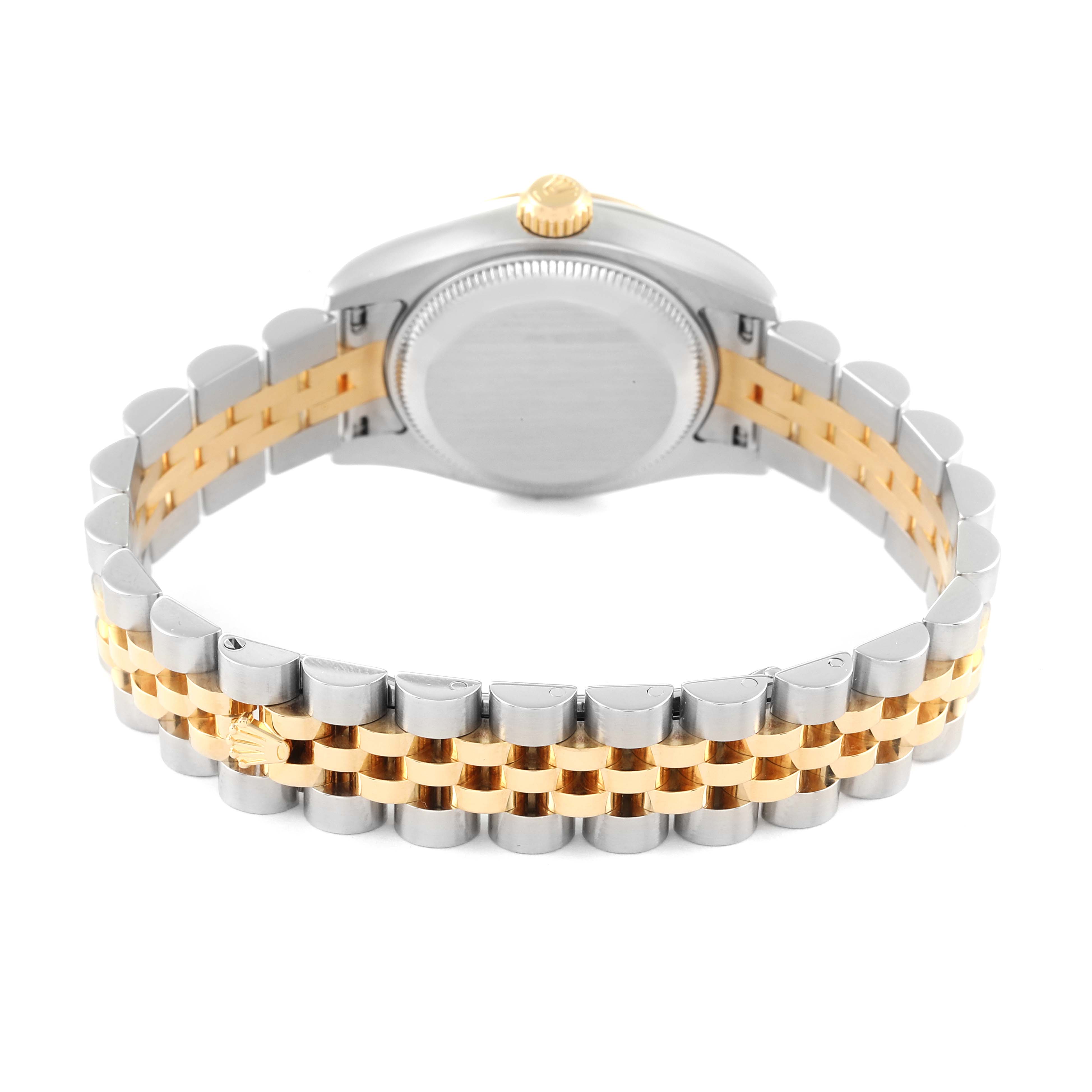This image shows the back view of a Rolex Datejust 179173 Women's Steel and Gold (two tone) Silver Dial 179173 Women's Steel and Gold (two tone) Silver Dial watch, highlighting the two-tone bracelet and case back.