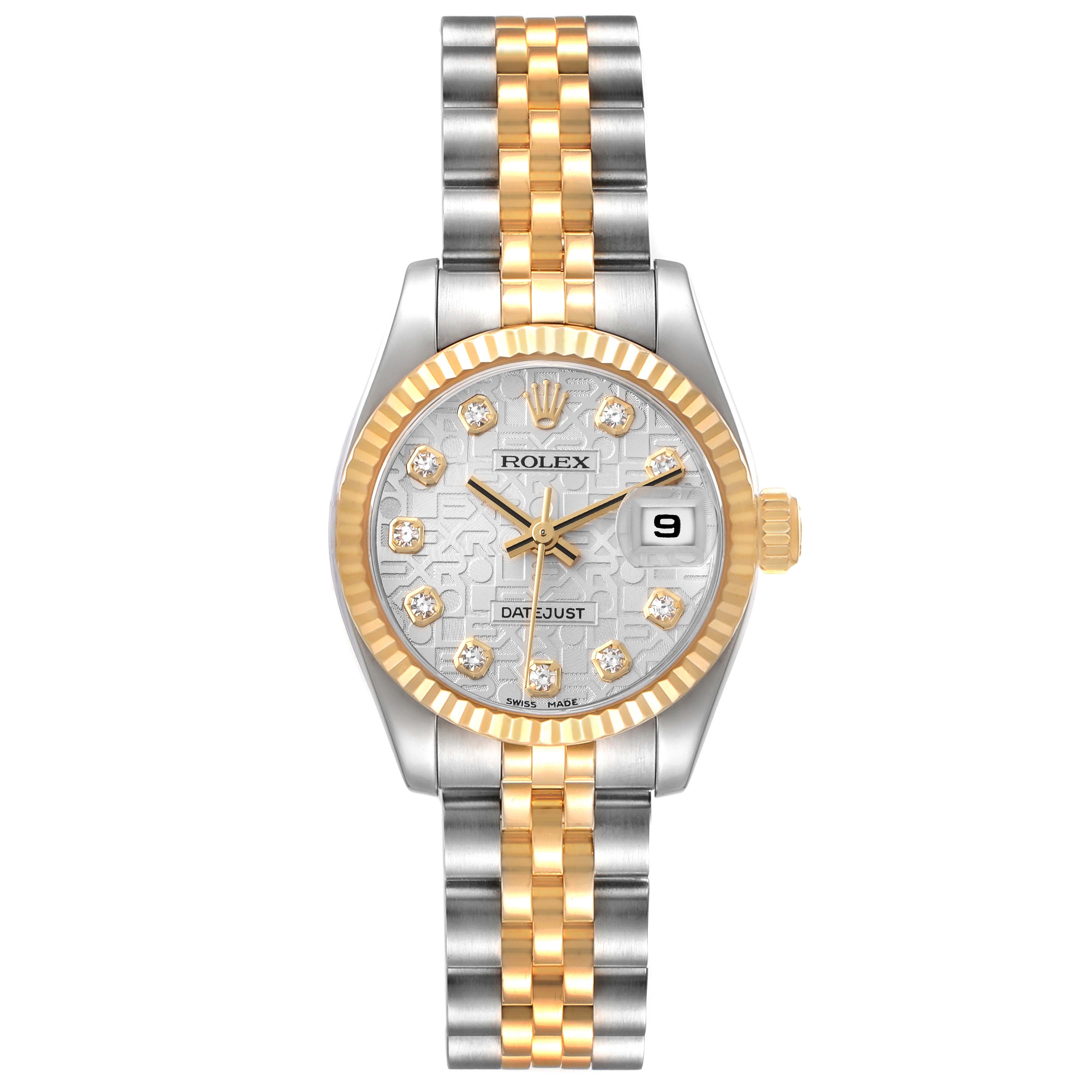 The image shows a front view of the Rolex Datejust 179173 Women's Steel and Gold (two tone) Silver Dial 179173 Women's Steel and Gold (two tone) Silver Dial watch featuring a two-tone bracelet, fluted bezel, and diamond-accented dial.