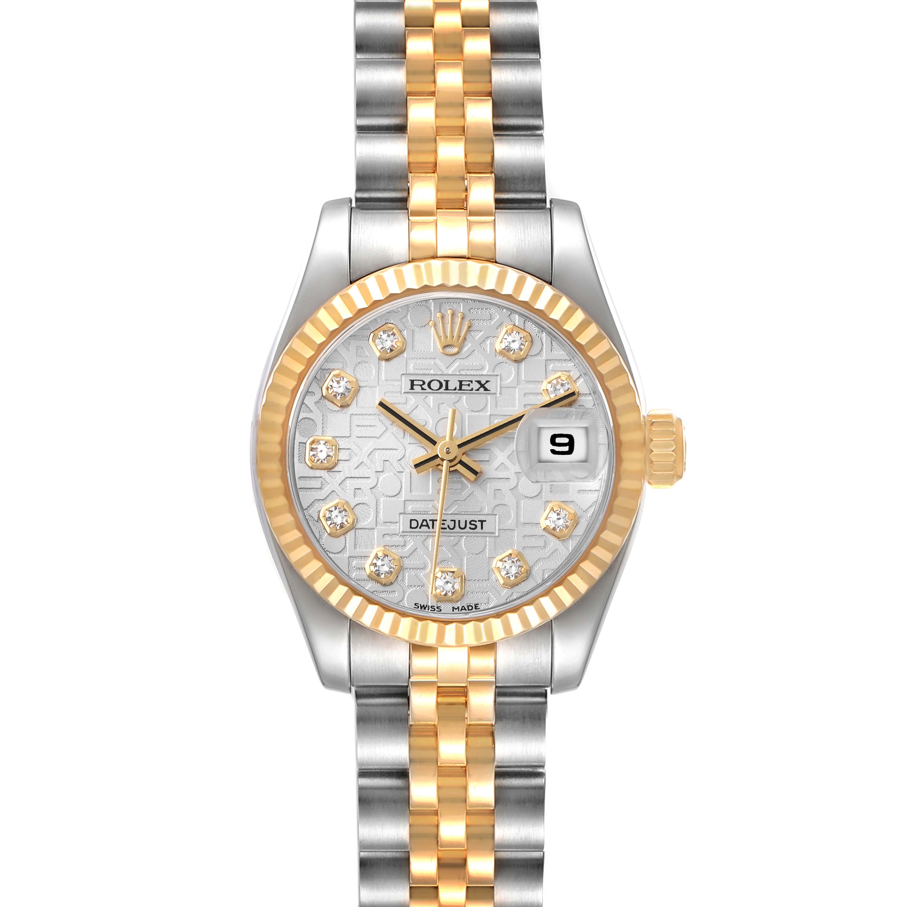 The Rolex Datejust 179173 Women's Steel and Gold (two tone) Silver Dial 179173 Women's Steel and Gold (two tone) Silver Dial watch is shown from the front, displaying the face, bezel, and bracelet.