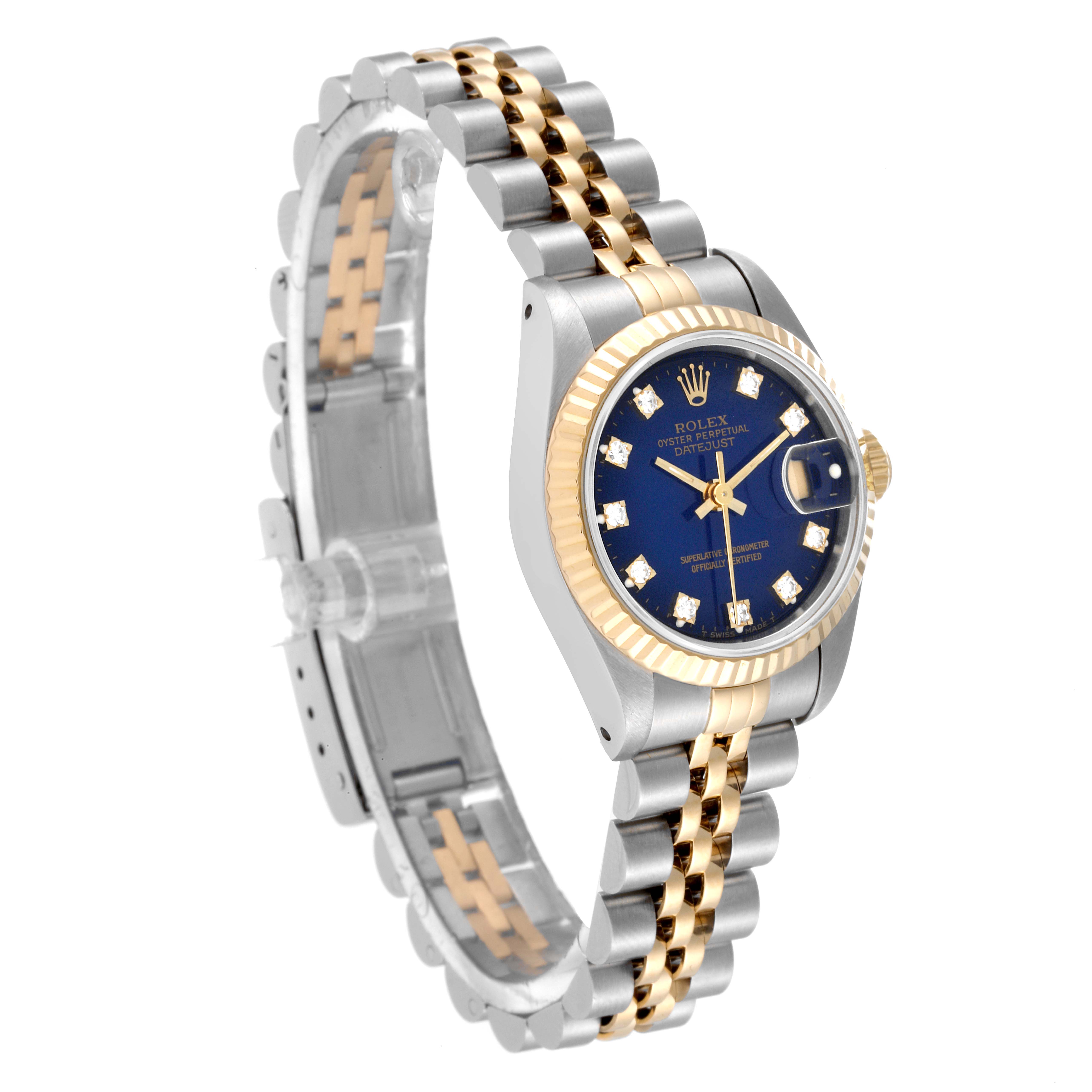 The image shows a Rolex Datejust 69173 Women's Steel and Gold (two tone) Blue Dial 69173 Women's Steel and Gold (two tone) Blue Dial watch at a three-quarter angle, highlighting its two-tone bracelet and blue dial with diamond hour markers.