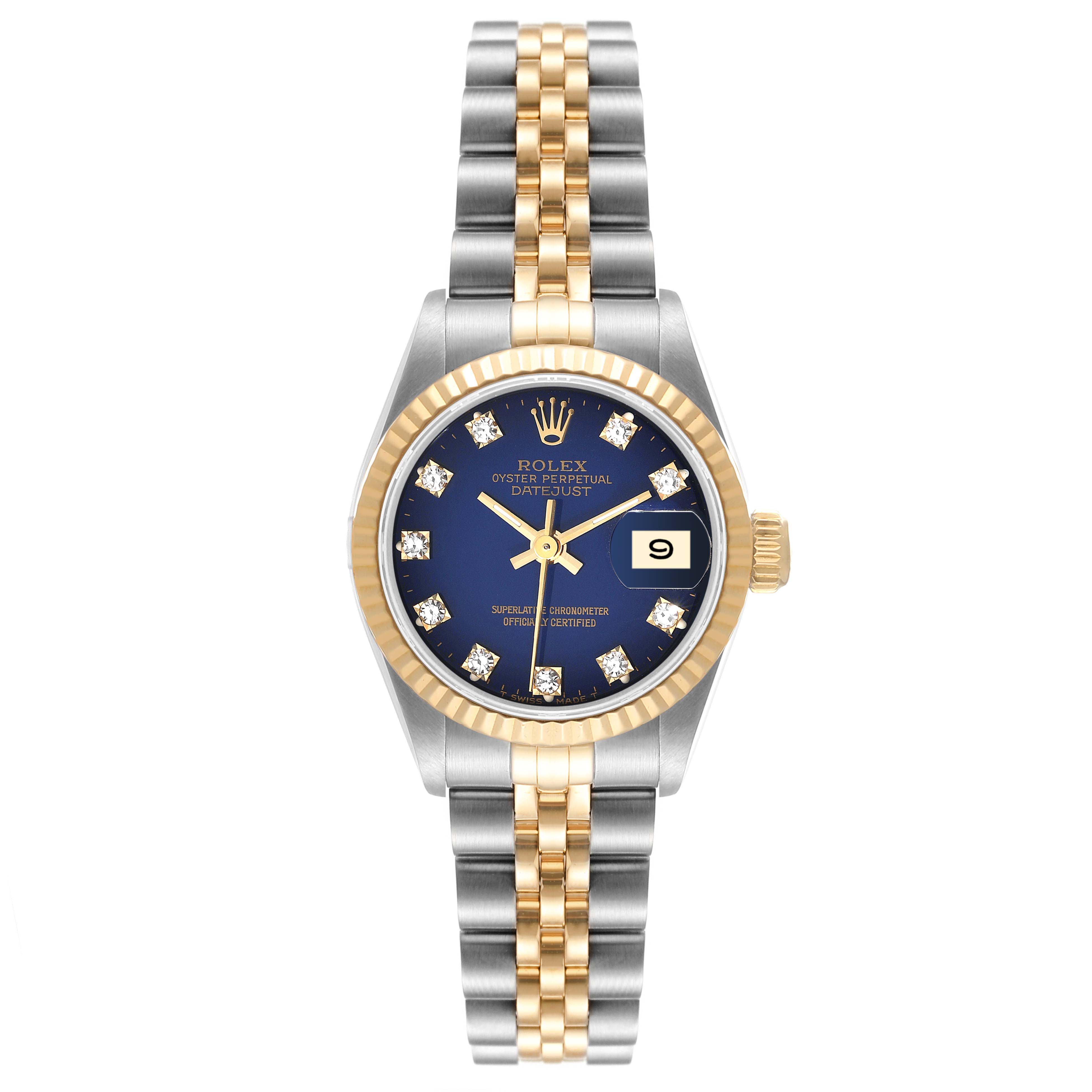 The image shows a front view of the Rolex Datejust 69173 Women's Steel and Gold (two tone) Blue Dial 69173 Women's Steel and Gold (two tone) Blue Dial model watch, highlighting its dial, bezel, and bracelet.