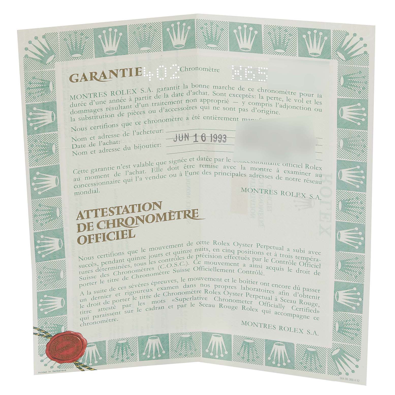 The image shows an official warranty and certificate for a Rolex Datejust 69173 Women's Steel and Gold (two tone) Blue Dial 69173 Women's Steel and Gold (two tone) Blue Dial, viewed from a direct front angle.