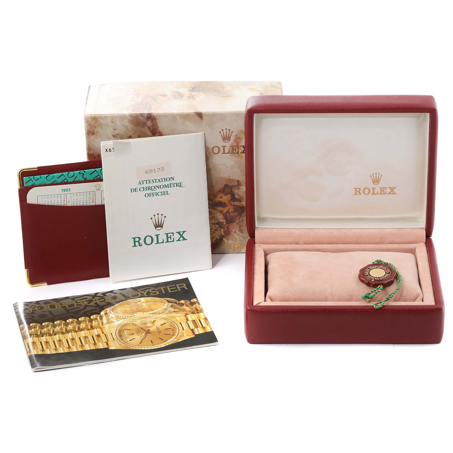 The image shows a Rolex Datejust 69173 Women's Steel and Gold (two tone) Blue Dial 69173 Women's Steel and Gold (two tone) Blue Dial watch box, certificates, tags, and a booklet from a front angle.