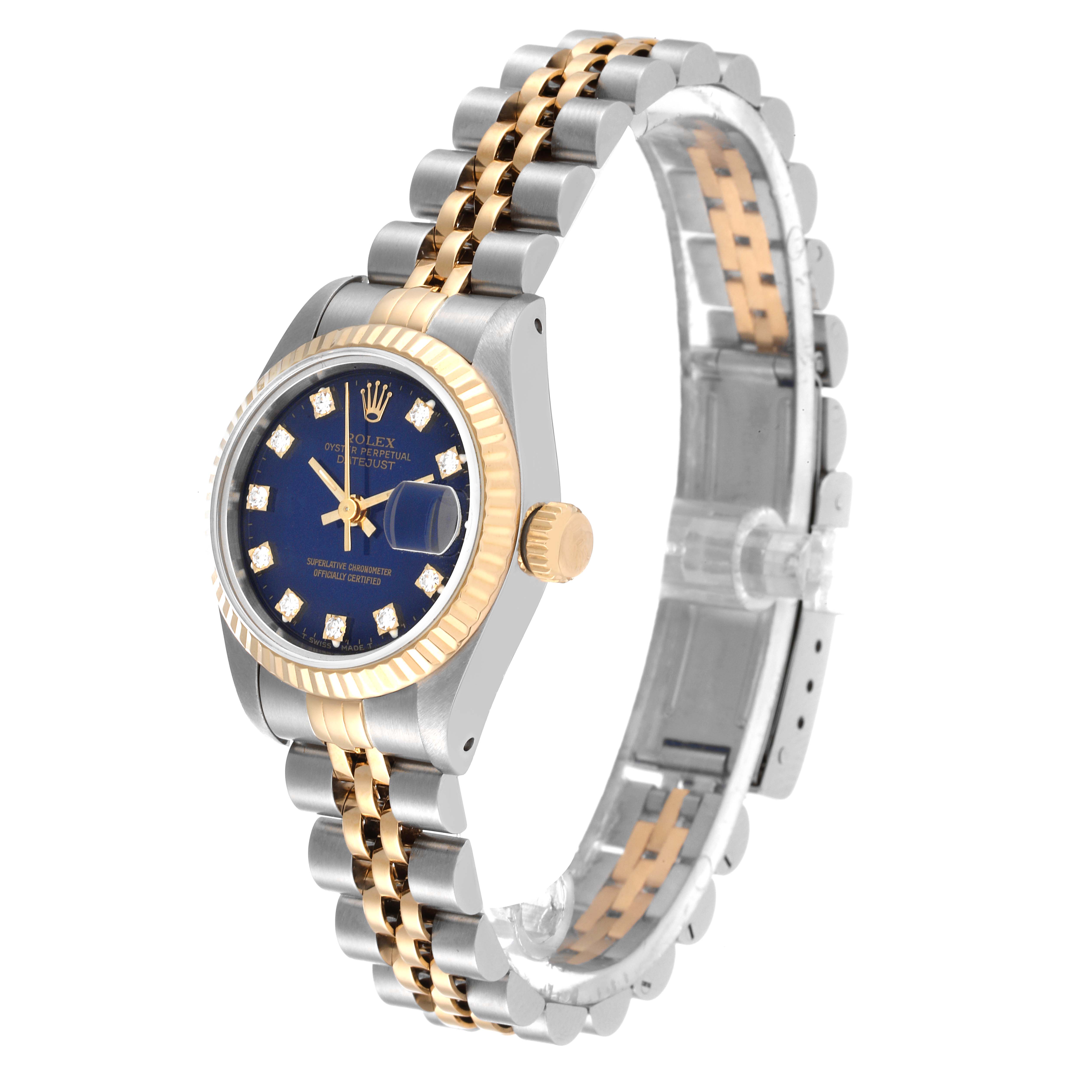 This image shows a Rolex Datejust 69173 Women's Steel and Gold (two tone) Blue Dial 69173 Women's Steel and Gold (two tone) Blue Dial watch from a side angle, highlighting the bracelet, crown, and dial.