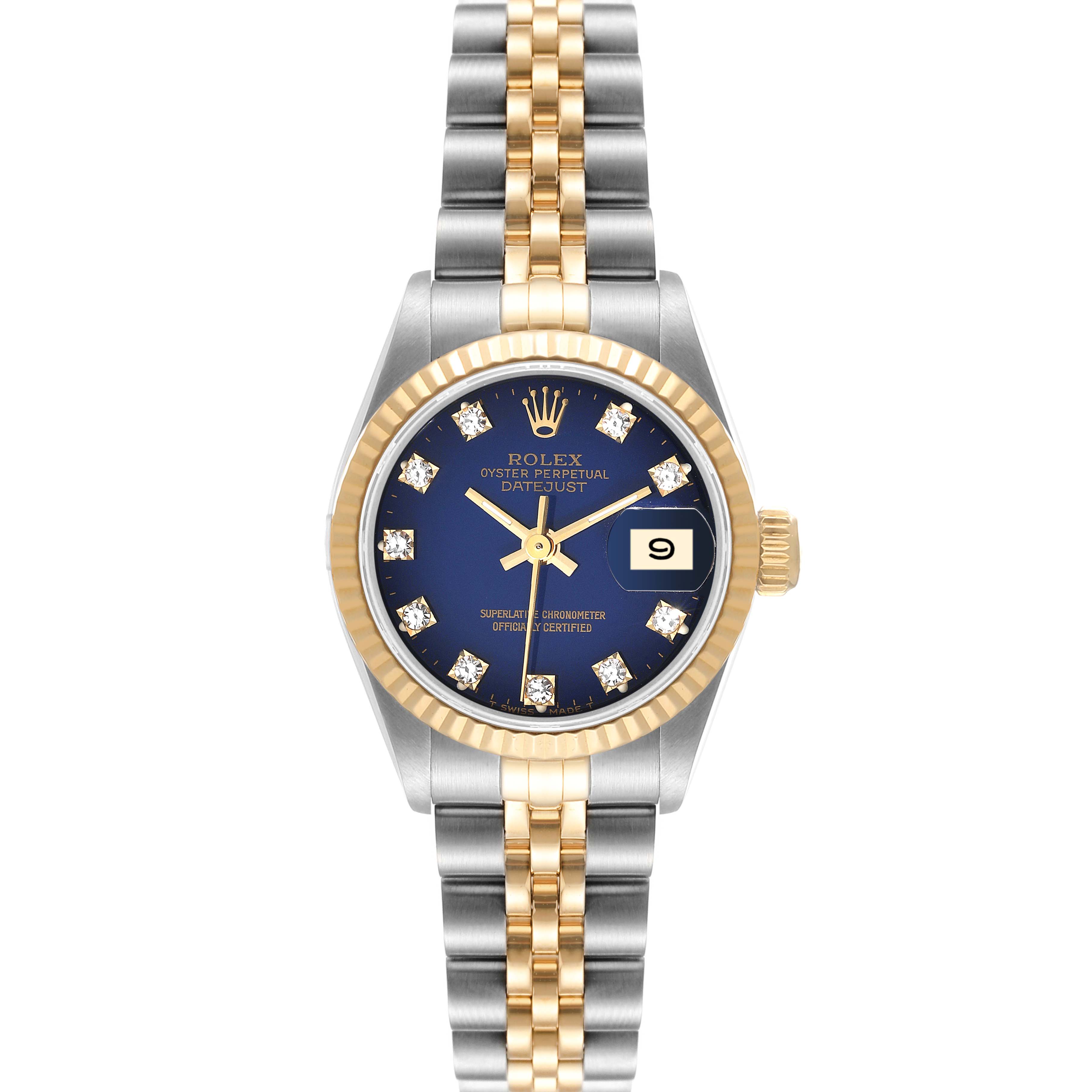 The Rolex Datejust 69173 Women's Steel and Gold (two tone) Blue Dial 69173 Women's Steel and Gold (two tone) Blue Dial watch is shown from a top view, featuring a gold and silver bracelet, blue dial, and date window at 3 o'clock.