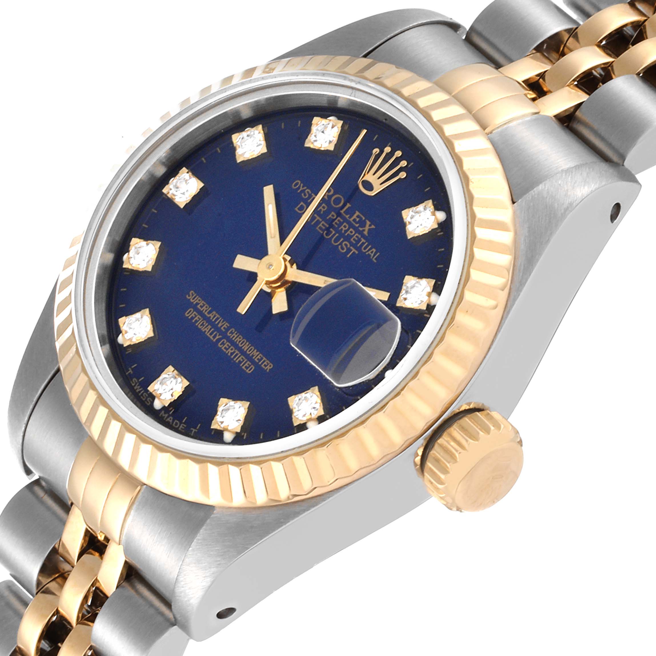 This image shows a close-up of the face, bezel, crown, and part of the two-tone bracelet of a Rolex Datejust 69173 Women's Steel and Gold (two tone) Blue Dial 69173 Women's Steel and Gold (two tone) Blue Dial watch.