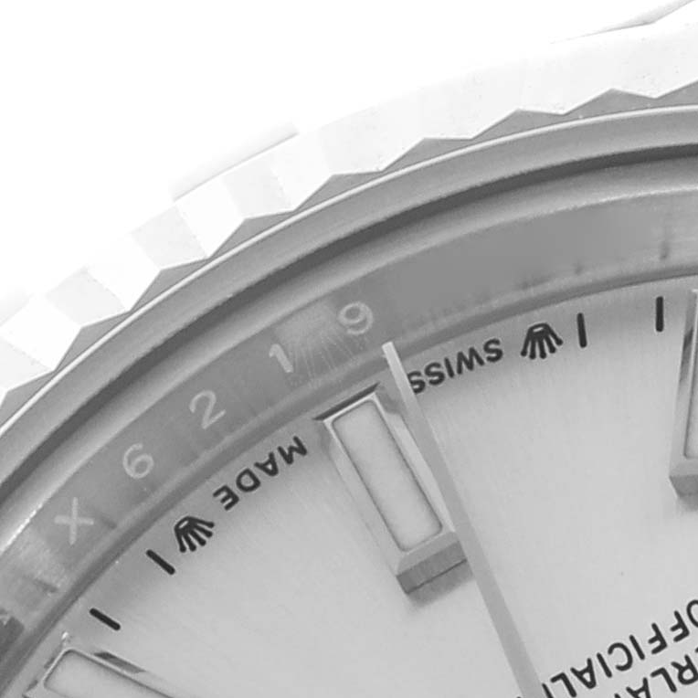 The image shows a close-up of the dial and fluted bezel of a Rolex Datejust 279174 Women's Stainless Steel Silver Dial 279174 Women's Stainless Steel Silver Dial watch.