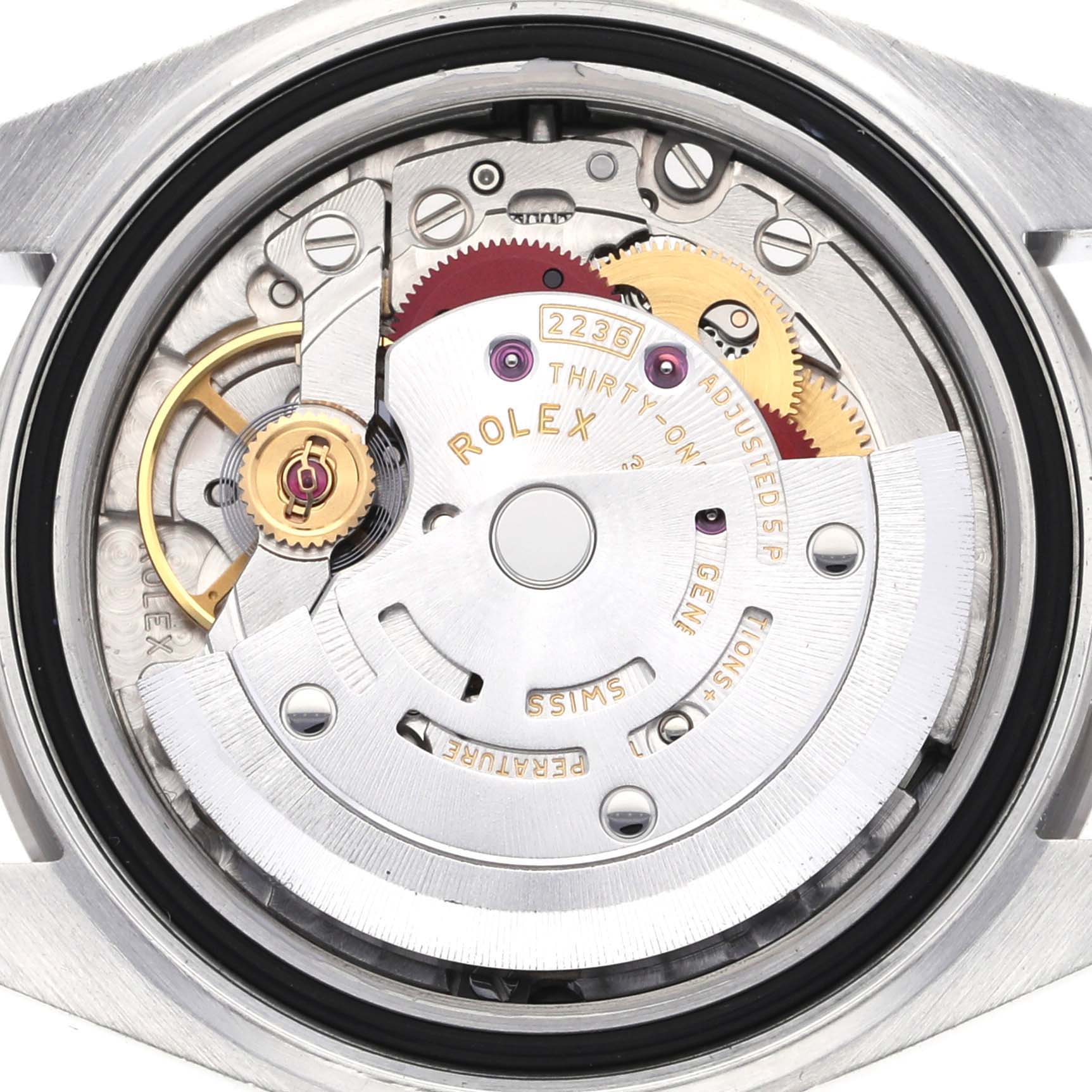 The image shows the movement and inner mechanism of a Rolex Datejust 279174 Women's Stainless Steel Silver Dial 279174 Women's Stainless Steel Silver Dial watch from a rear angle.