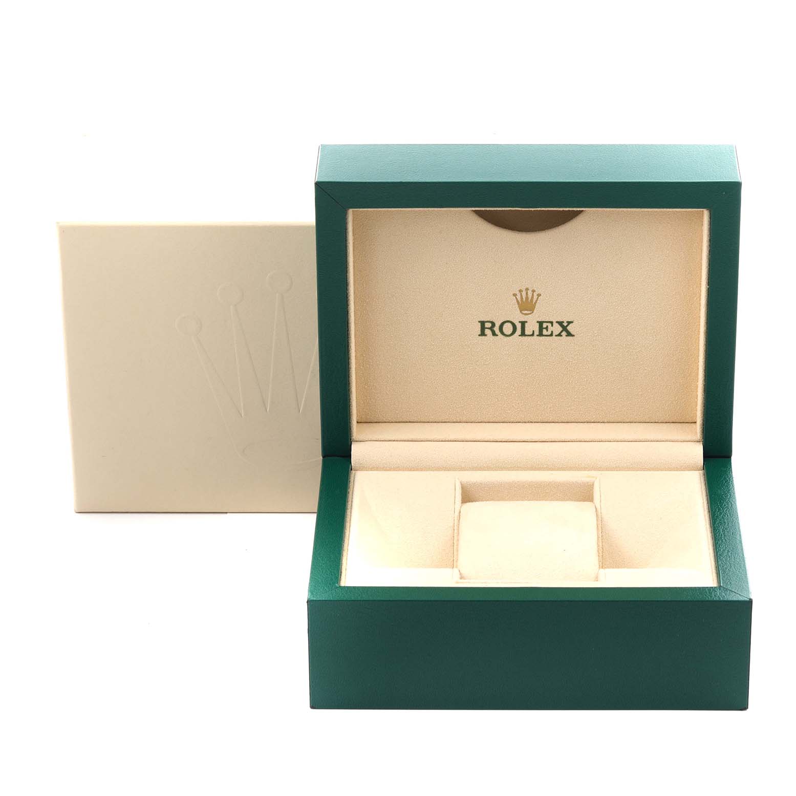 The image shows an open Rolex Datejust 279174 Women's Stainless Steel Silver Dial 279174 Women's Stainless Steel Silver Dial watch box with cushion and logo, shot from the front.