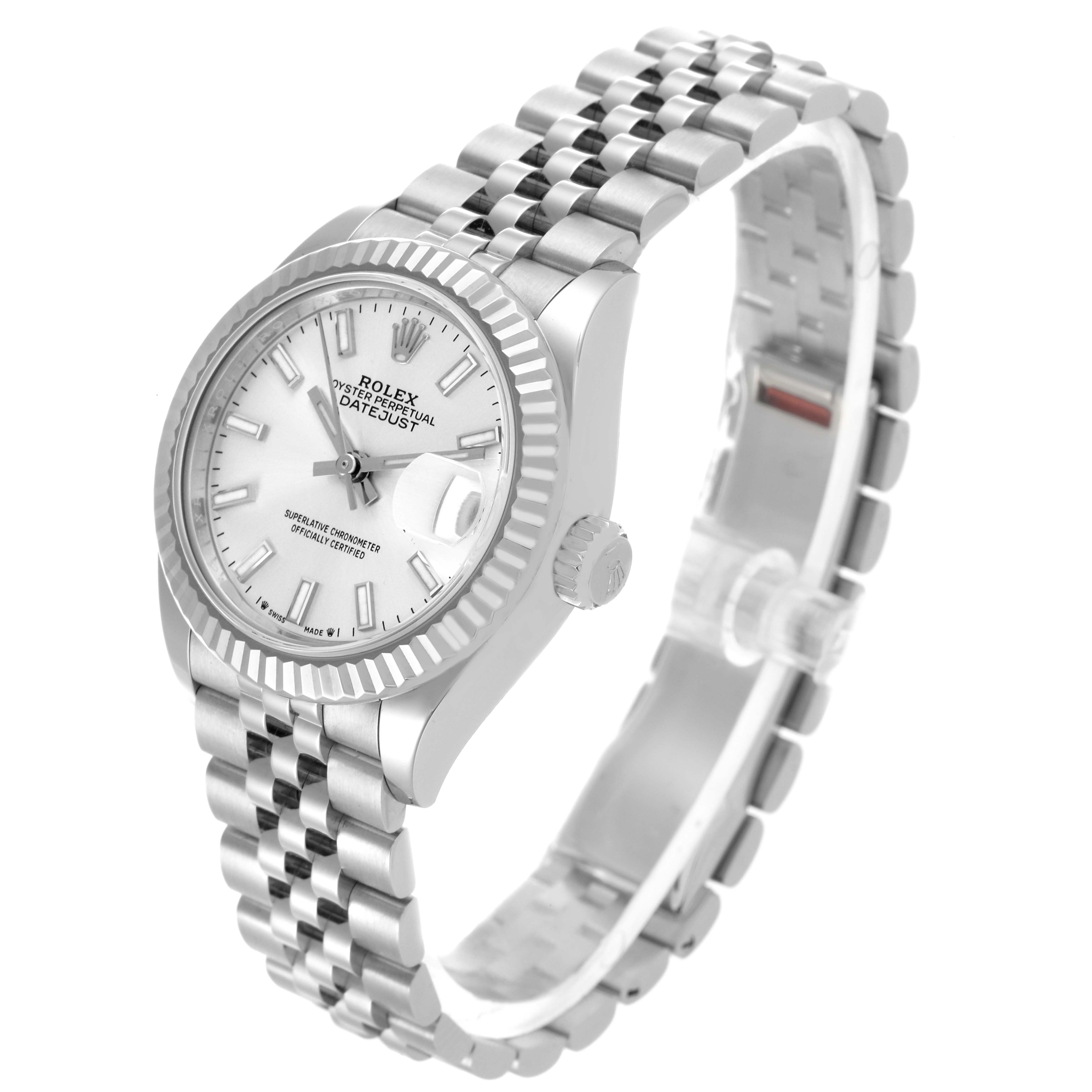 The Rolex Datejust 279174 Women's Stainless Steel Silver Dial 279174 Women's Stainless Steel Silver Dial watch is shown at a slight angle displaying the face, bezel, and bracelet prominently.