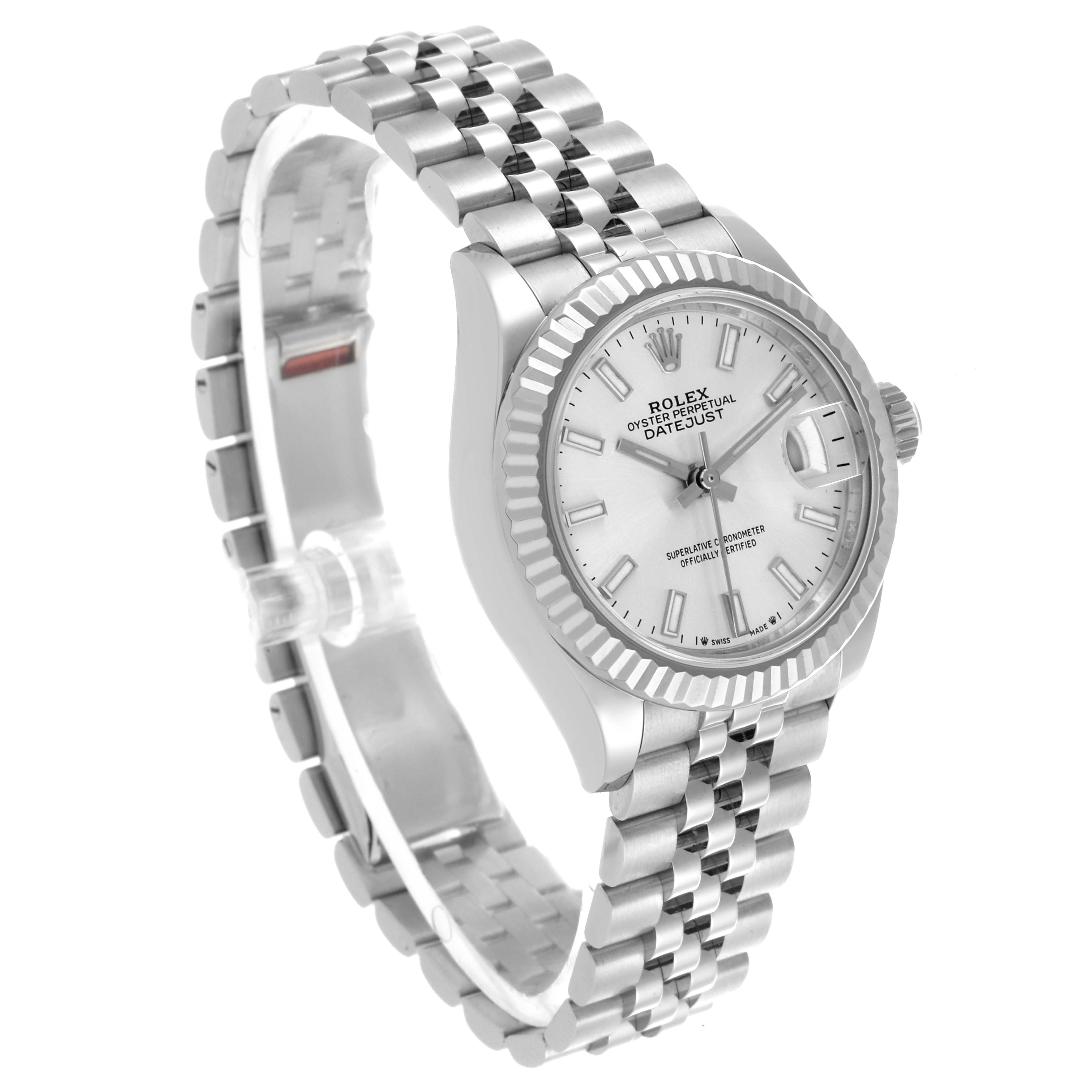 The Rolex Datejust 279174 Women's Stainless Steel Silver Dial 279174 Women's Stainless Steel Silver Dial watch is shown at a three-quarter angle, displaying the face, bezel, bracelet, and crown.