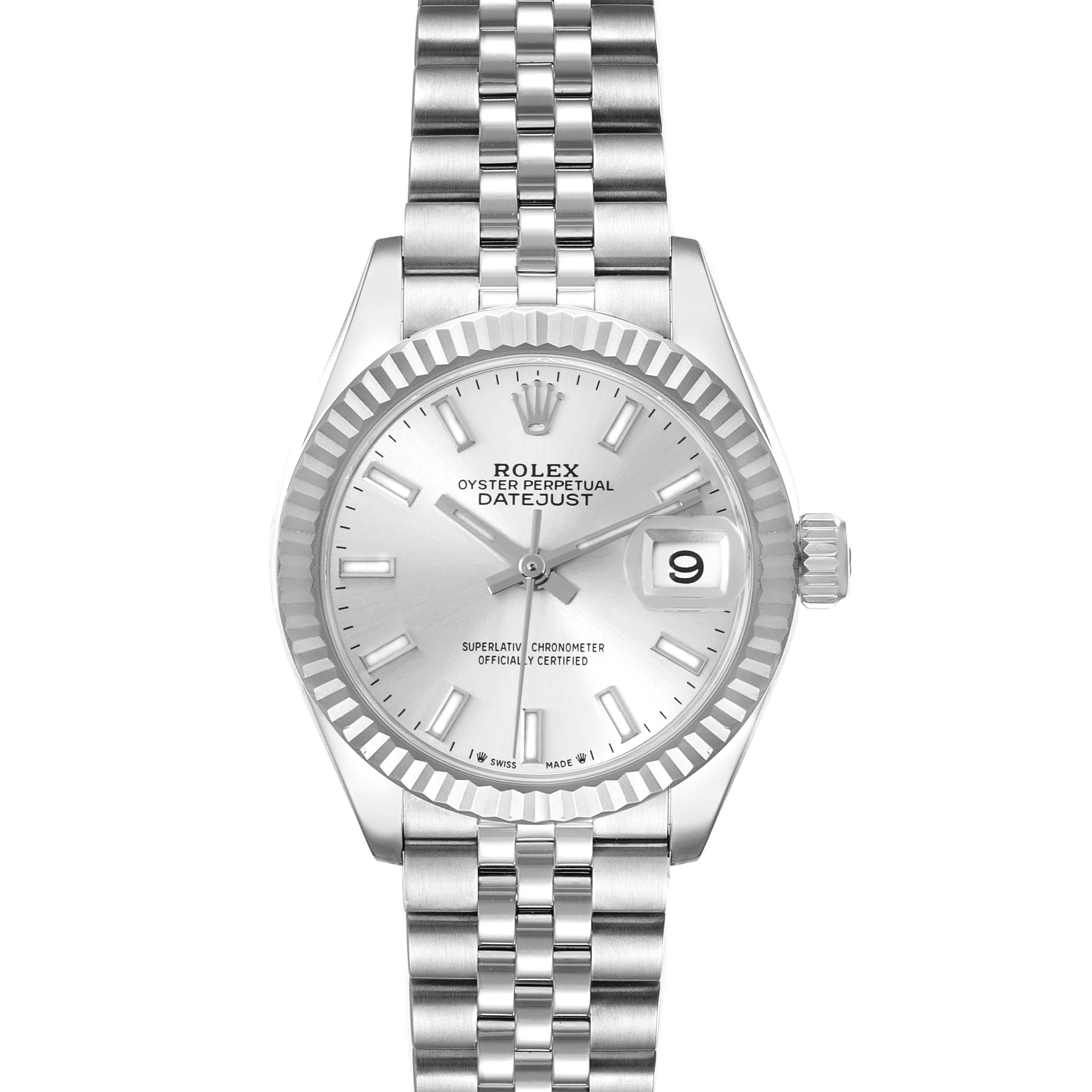 The image shows a front view of the Rolex Datejust 279174 Women's Stainless Steel Silver Dial 279174 Women's Stainless Steel Silver Dial watch, featuring its face, fluted bezel, and Jubilee bracelet.