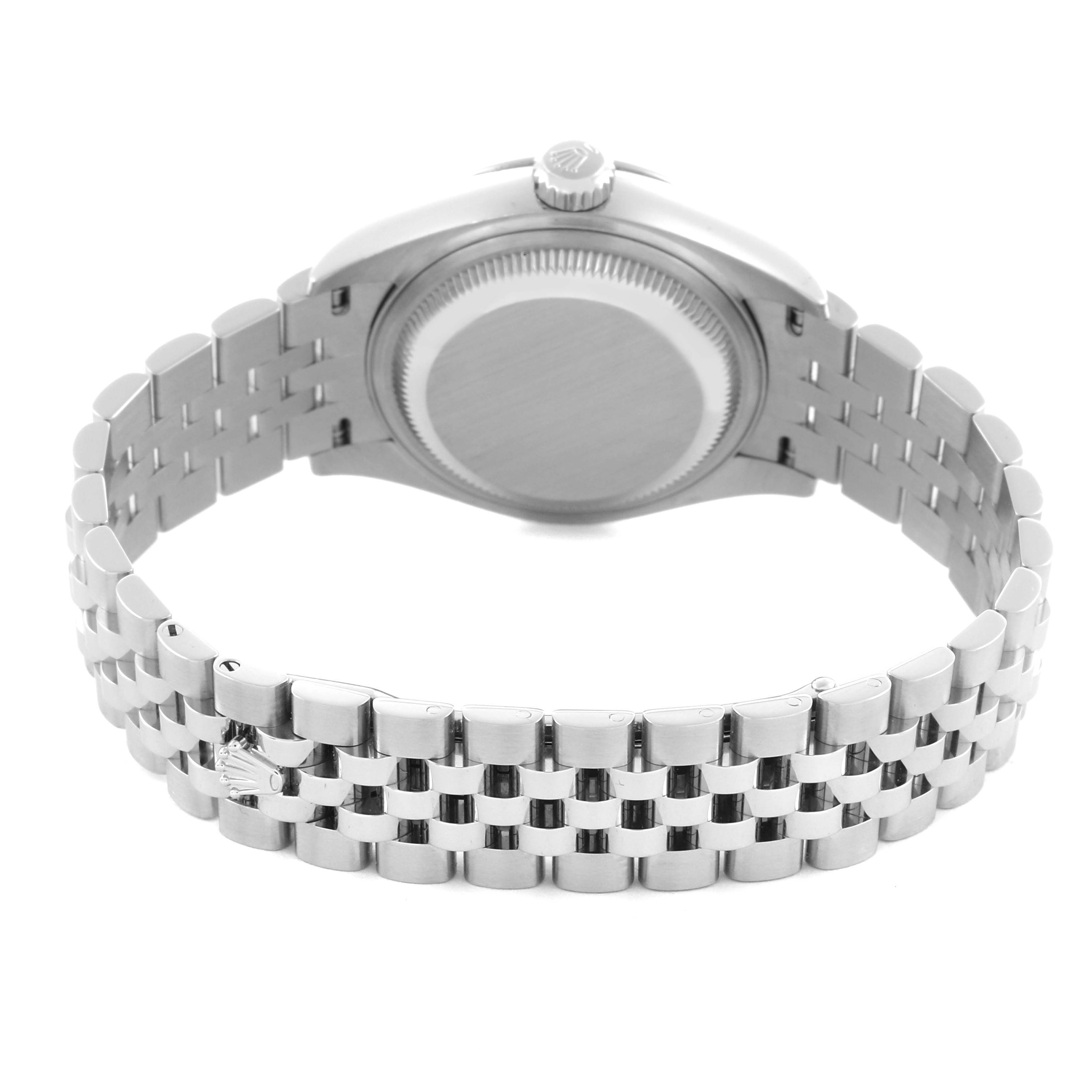 The Rolex Datejust 279174 Women's Stainless Steel Silver Dial 279174 Women's Stainless Steel Silver Dial is shown from the back, highlighting the case back and Jubilee bracelet.