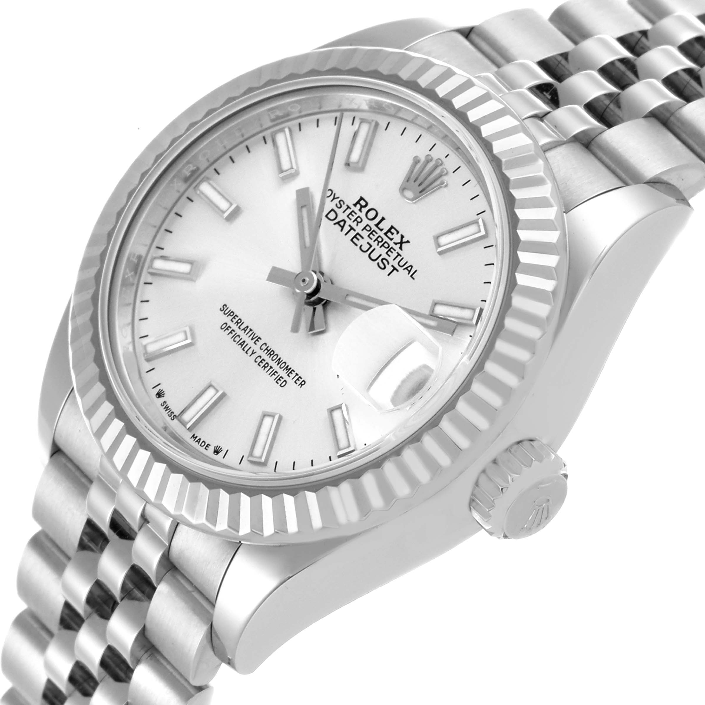 The Rolex Datejust 279174 Women's Stainless Steel Silver Dial 279174 Women's Stainless Steel Silver Dial watch is shown at an angled view highlighting the dial, fluted bezel, crown, and part of the bracelet.